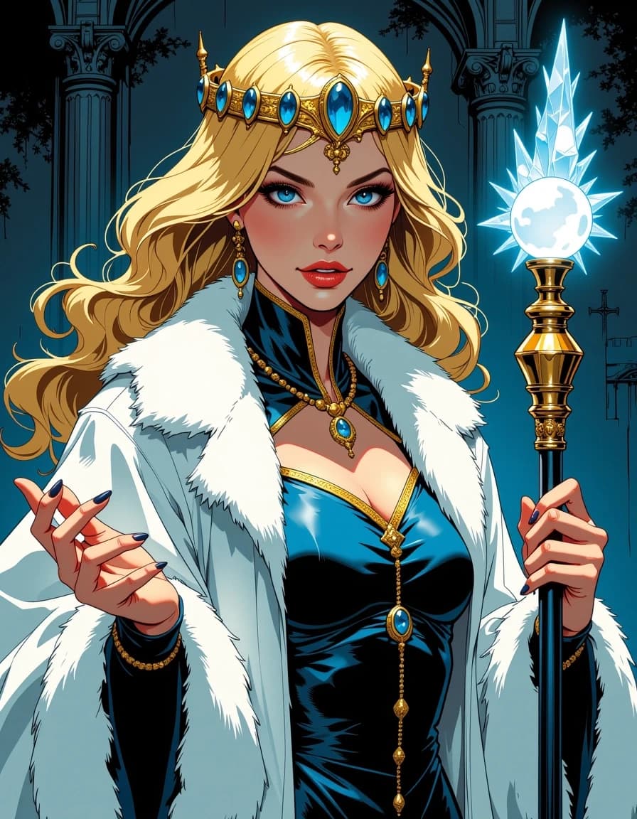A masterpiece, in the style of the 1980s, with bold lines, dynamic strokes and rich textures, on background with a touch of nostalgia, perhaps with subtle drawings inspired by cellulose and vintage, worn textures similar to paper, oil painting, celshading, a woman who looks about 30 years old, blonde blue shoulder-length hair with an open forehead, bright blue eyes, an imperious expression on a beautiful face with a small, neat nose and thin lips, dressed in a dark blue dress over which she wears a white fur coat, a white mithril tiara decorated with three sapphires on her head, holding a staff in her right hand made of ice, the tip of which wraps around a white sphere floating inside with 8 rays, 2d stylistics with cold colors conveying the atmosphere of the character's authority, against the background of the castle halls in the northern latitudes. simple background celshading,
