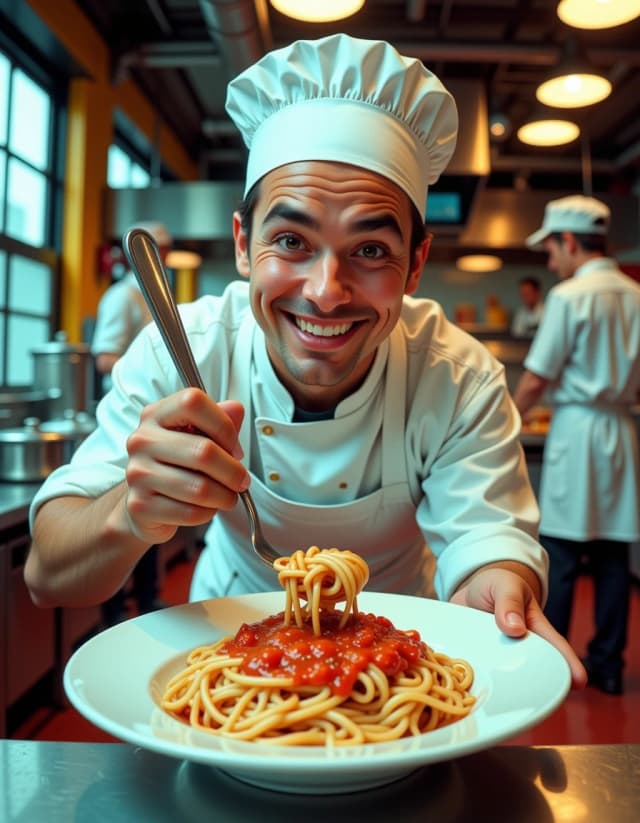 A masterpiece, in the style of the 1980s, with bold lines, dynamic strokes and rich textures, on background with a touch of nostalgia, perhaps with subtle drawings inspired by cellulose and vintage, worn textures similar to paper, oil painting, Close-up low-angle wide-angle portrait of a cheerful cafeteria cook leaning toward the camera, playful smirk and direct eye contact, holding a large ladle in one hand and a white ceramic plate of spaghetti with glossy tomato-meat sauce in the other; industrial cafeteria interior with stainless-steel food pans, large factory windows letting warm natural light from the left and cool fluorescent overhead fill, shallow depth of field with blurred workers in the background. Styling: vintage white cook uniform, apron and paper cap with small fabric creases and subtle stains, natural skin texture, freckles, and warm rosy cheeks. Cinematic documentary mood, nostalgic yet energetic. Color grade: warm highlights, teal-blue shadows, rich tomato reds, creamy whites, moderate film grain, high texture on metal, fabric and food. Technical: 35mm wide lens look, slight perspective distortion, f/2.8 shallow DOF, soft rim light, subtle vignetting, crisp focus on eyes and plate, high resolution, hyperrealistic details for food gloss and sauce texture, believable lighting and authentic atmosphere., hdr
