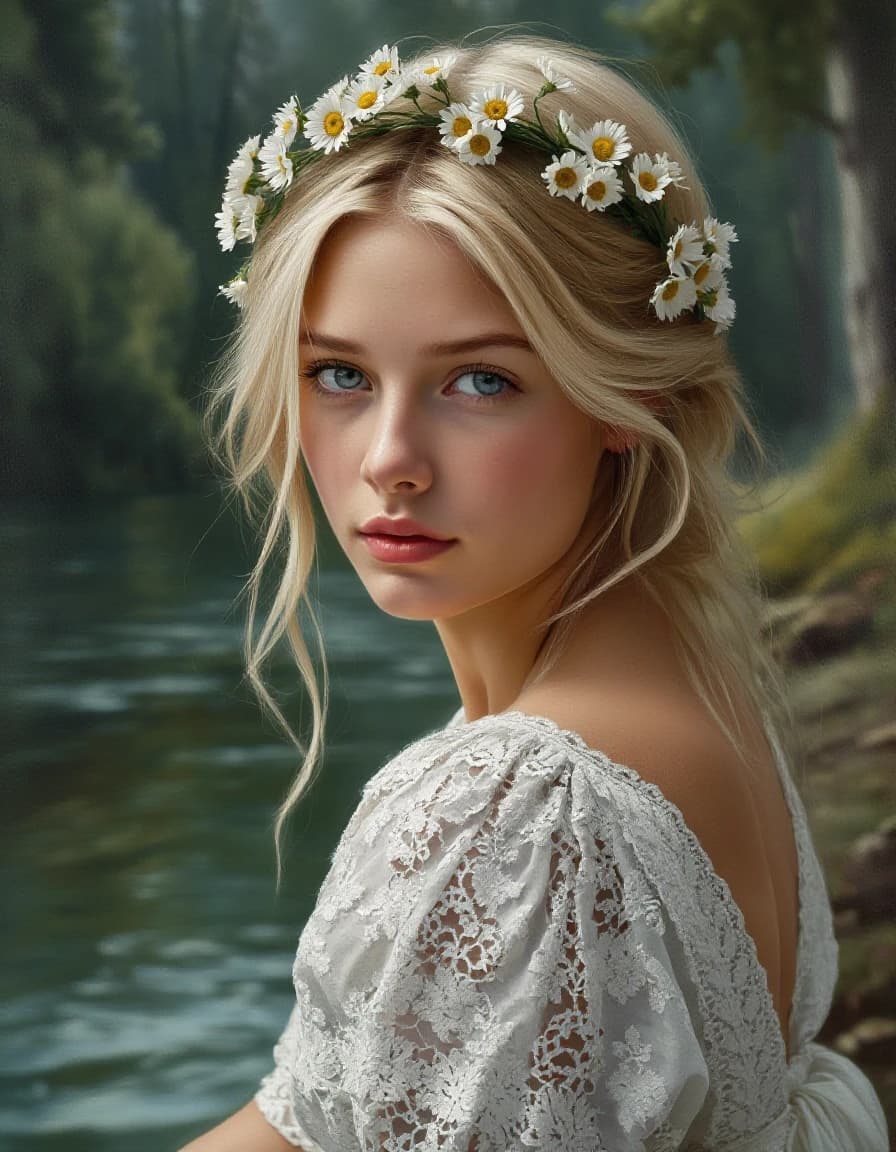A masterpiece. Style: oil painting. (Image. How does artificial intelligence imagine: A beautiful Slavic girl, blonde with a wreath of field daisies, in a white lace dress sits on the riverbank against the background of the forest. Expressive gray-green eyes, clear facial features, head turn 3:4):1.8. Intense close-up. High quality. High resolution. Increased attention to fine details and texture. The artist is Russ Mills.