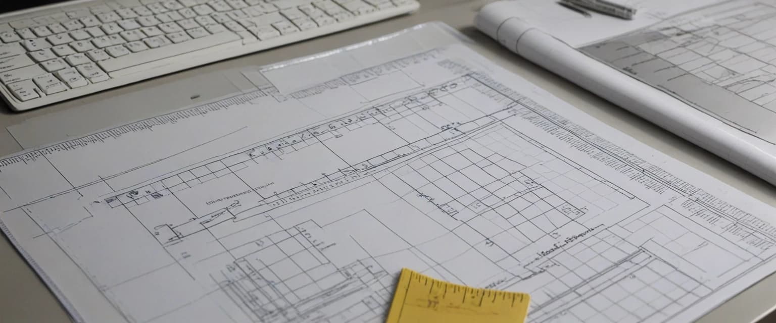 Photorealistic, frontal view of a clothing pattern design bureau. Foreground: a matte white desk with neatly arranged paper sewing patterns, transparent plastic drafting rulers (lecalas), technical flat sketches, graphite pencils, and a metal ruler. In the left corner of the desk, a modern COMPUTER with a large monitor showing CAD software displaying a 3D flattened pattern piece for a coat. Background (heavily blurred with bokeh): a metal clothing rack holding finished garment samples (a classic coat and two dresses), as well as finished paper patterns hanging on hangers. Lighting: soft directional light from the top-left (daylight, 5000K) highlighting the texture of the paper and plastic, with no glare on the monitor screen. Shallow depth of field, focus on the table with patterns and the COMPUTER.