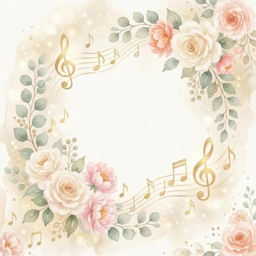 Elegant watercolor-style background for a greeting card. Soft, flowing golden musical notes and delicate treble clefs floating gracefully among blooming pastel roses, peonies, and eucalyptus leaves. The composition is airy and spacious, with plenty of negative space in the center for text overlay. Warm beige, cream, and soft gold color palette with subtle shimmering highlights. The flowers are painted in a loose, botanical illustration style, while the notes glow with a metallic gold finish. Gentle bokeh and light particles create a dreamy, magical atmosphere. High resolution, 300 dpi, suitable for printing. Square aspect ratio (1:1) or vertical (2:3).