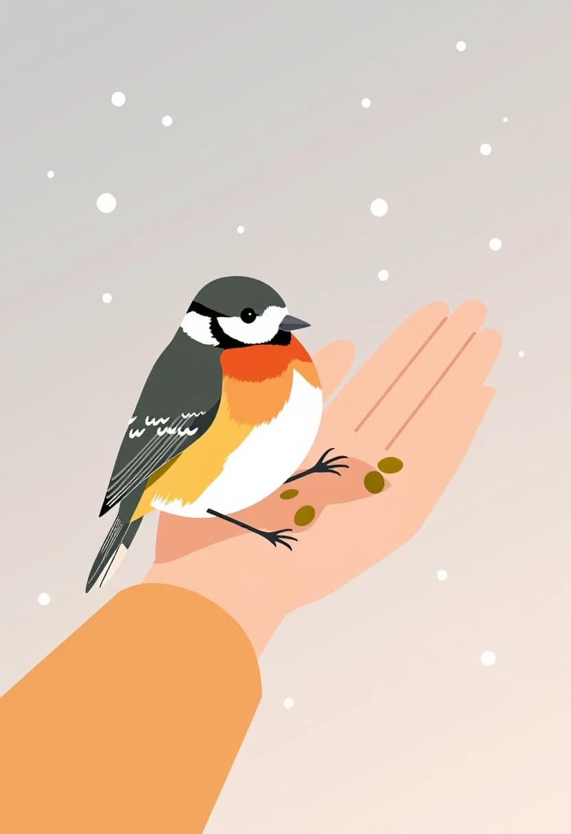 Clean vector illustration, flat design with soft gradients, a stylized tit bird eating from a human palm, winter aesthetic, minimal cozy scene, harmonious color palette, aesthetic poster art --ar 3:4