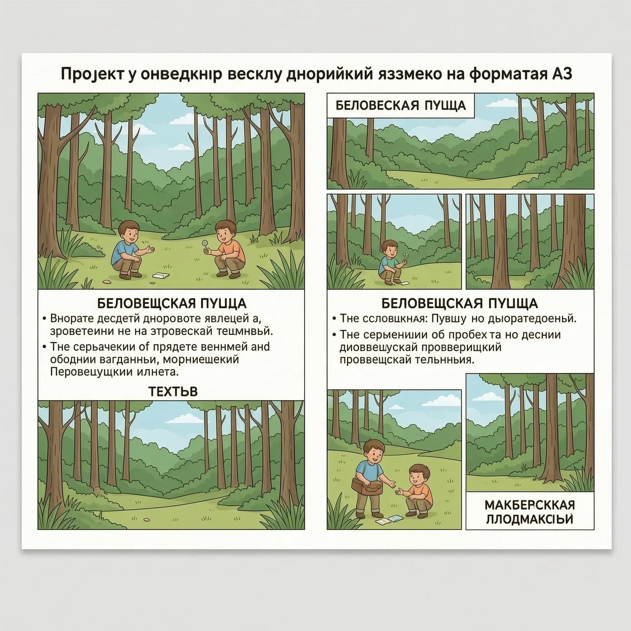 мне надо чтобы ты сгенерировал проект по английскому языку на тему беловешская пуща на формате а3 на английском языке с картинками который я смогу распечатать и текстом только не много и не мало