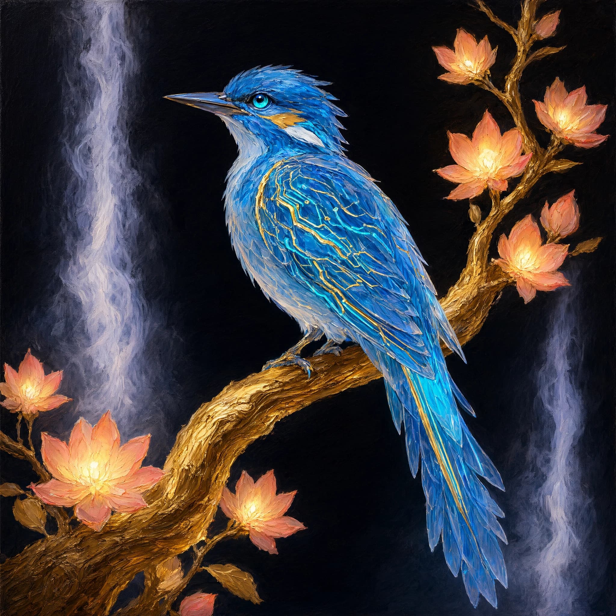 anime oil painting, a luminous blue bird with translucent feathers perches gracefully on a glowing golden branch adorned with stylized blossoms that emit warm light from within their centers. Its body glows like neon circuitry, streaked with radiant lines of gold and cyan. The tree's branches twist dynamically against a deep black backdrop punctuated by vertical columns of faintly illuminated mist.
