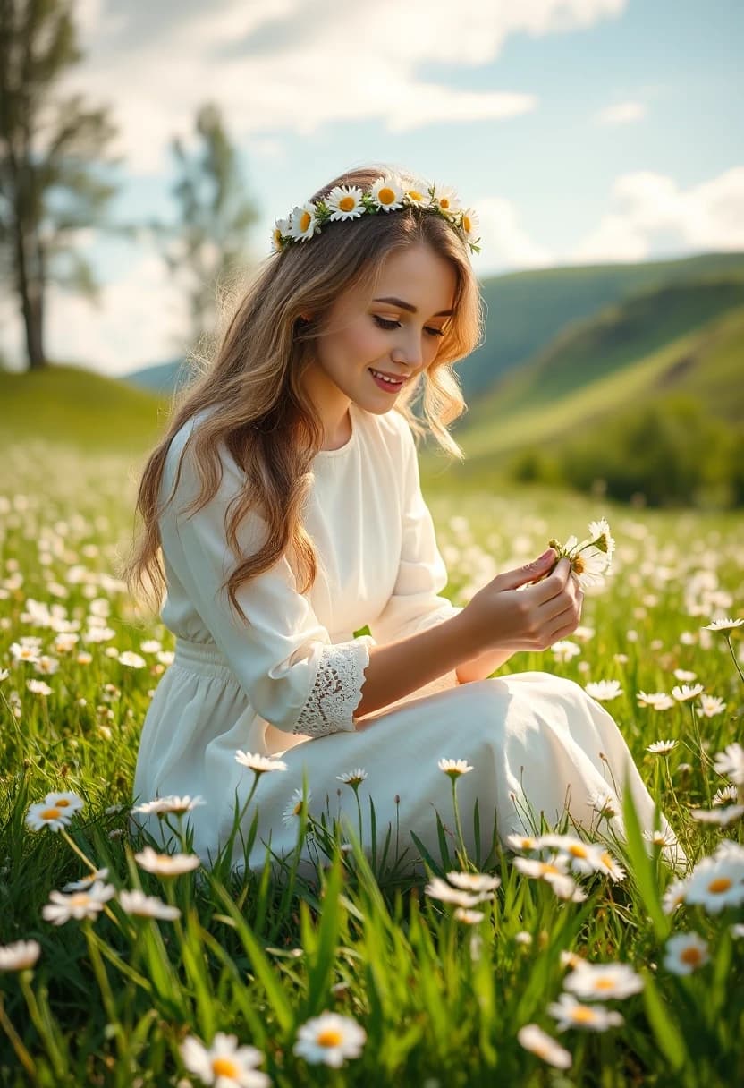 A beautiful young woman with long wavy hair sits in a blooming meadow, carefully weaving a flower crown from fresh white wild daisies. She wears a delicate white linen dress with lace sleeves. A vast daisy field surrounds her, with freshly picked flowers scattered in the grass. Warm summer sunshine, soft golden light, a gentle breeze moving her hair and dress. Green hills, birch trees and a blue sky with delicate clouds in the background. Tender, peaceful, joyful summer fairytale atmosphere. Photorealistic, highly detailed, natural colors, soft cinematic lighting, vertical composition.
