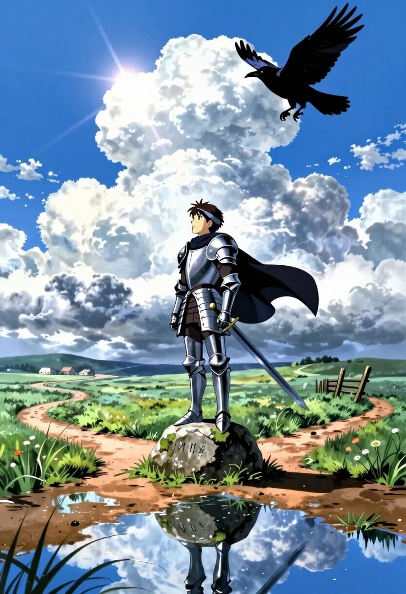 90s anime aesthetic, Makoto Shinkai / Satoshi Kon mood, vibrant blue sky with sculpted cumulus clouds, strong sunlight, lens flare, wet ground with perfect reflections, cinematic composition, low angle looking up. A young bogatyr stands at the crossroads, his heavy armor simplified into a stylized anime silhouette: gleaming steel plates with clean lines, a cloak that flares slightly in the breeze. He’s not in full helmet — just a headband and visor, so his face shows quiet resolve, eyes fixed on the horizon. One hand rests on the hilt of his sword, the other is slightly open, as if feeling the wind.
The prophecy stone is weathered but not grim: mossy edges, rain‑polished surface, Cyrillic runes etched in a subtle silver that catches the light. It sits at the fork of two dirt paths, both leading into the distance — one through a field of tall grass, the other toward a distant hill. Around the stone, the ground is wet from a recent rain, forming shallow puddles that perfectly mirror the sky, the clouds, and the bogatyr’s legs.
A raven circles above, not as an omen, but as a natural part of the landscape: a sleek black silhouette against the bright blue, wings catching the sun. Its motion is graceful, almost balletic, and it doesn’t dominate the frame — it’s just there, a witness to the moment.
Background: a vast open field under a huge sky. The horizon is soft with haze, and you can see tiny farmhouses and a winding road in the distance. To one side, a few tall grasses and wildflowers frame the scene; to the other, a simple wooden fence leans slightly, adding to the rustic charm. The sun is high and bright, creating strong shadows and highlights, and there’s a gentle breeze that moves the grass and the cloak.
Color palette: intense cerulean blue for the sky, pure white for the clouds, warm ochre and brown for the earth and paths, deep green for the grass, metallic silver for the armor, and glossy black for the raven. Mood: quiet epic, melancholic hope, the weight of choice balanced by the beauty of the world.
Technical: crisp anime line art with soft painterly fills; strong contrast between sky and ground; perfect reflections in the puddles with subtle ripples; volumetric clouds with detailed edges; lens flare and sun rays; wet textures on stone, earth, and grass; subtle motion blur on the raven’s wings; low‑angle perspective to emphasize the scale of the sky and the gravity of the moment; film grain and slight vignette for that 90s anime poster feel.