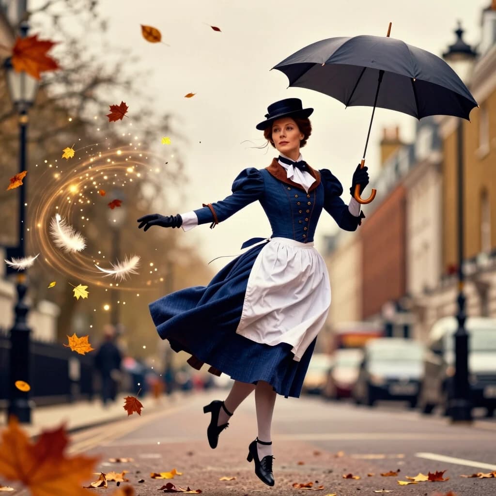 A fantastically realistic image: Mary Poppins is floating in the air, and a gentle whirlwind of autumn leaves, golden sparks, and tiny feathers swirls around her. Her posture is graceful, her gaze calm and slightly mysterious. She is wearing a classic outfit: a dark blue dress, a white apron, a neat hat, and gloves. The umbrella is open, but it seems that it is not so much a support as a conduit for magic. The background is a blurred urban landscape of London, so that the focus is on the figure and the magical whirlwind. Warm color scheme: ochre, gold, dark blue, beige. High level of detail in the face and fabric textures, cinematic lighting, soft glow around the heroine, style of high‑quality fantasy art.