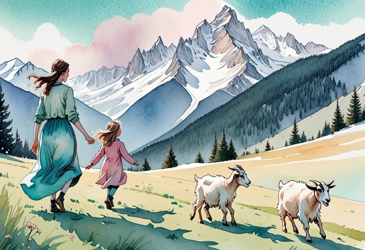 A breathtaking panoramic view of a mountain pasture. A young woman and a small girl with rosy cheeks are walking towards an old man with a long white beard. A playful goat leaps nearby, and a large gentle dog rests on the grass. The background features towering snow-capped peaks and a turquoise sky. Soft watercolor and ink style, pastel tones, dreamy storybook aesthetic, high detail, light and airy.