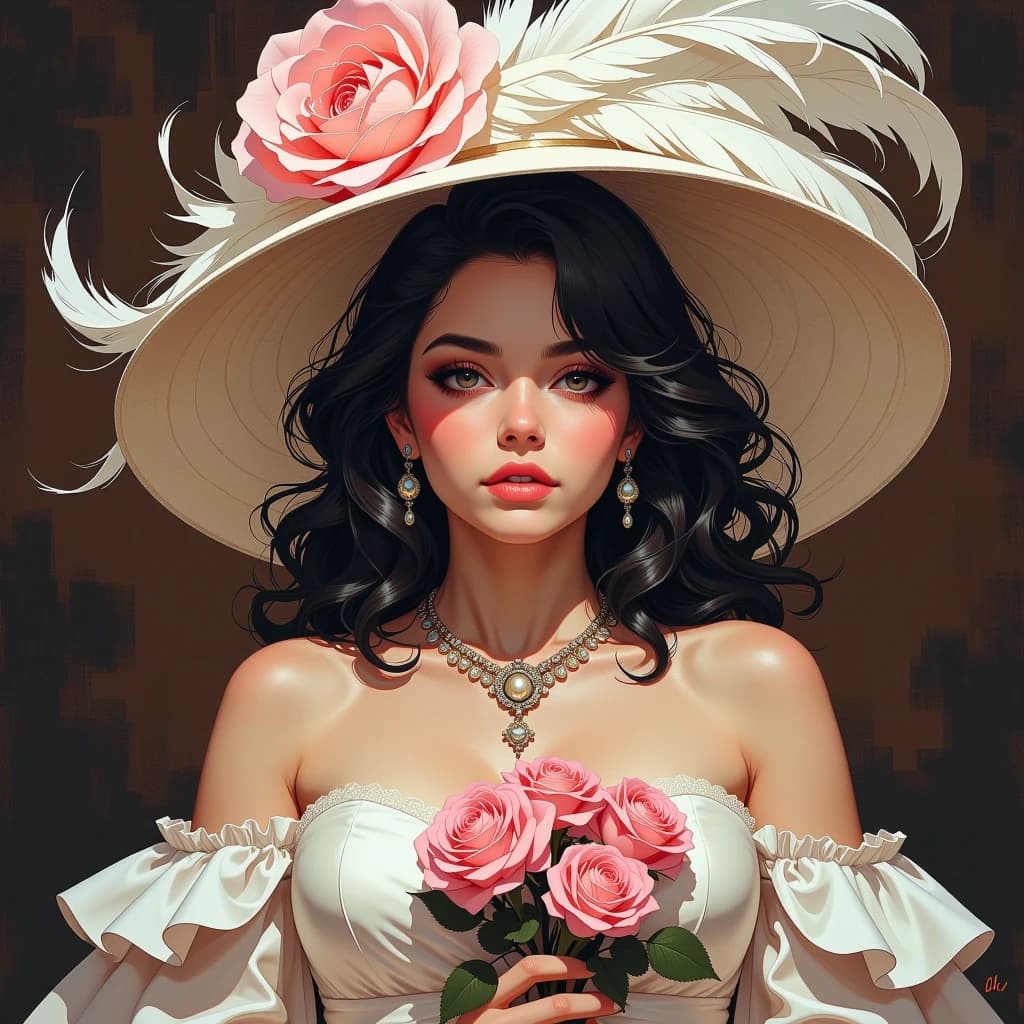 The image is a portrait of a young woman wearing a large, elegant hat with a large flower on top. The hat is made of white feathers and has a wide brim. The woman is wearing a strapless, off-the-shoulder dress with a sweetheart neckline and a full skirt. She is also wearing a statement necklace and earrings. She has dark hair styled in loose curls and is holding a bouquet of pink roses in her hands. The background is a dark brown color, making the woman and the hat stand out. The overall mood of the image is romantic and elegant.