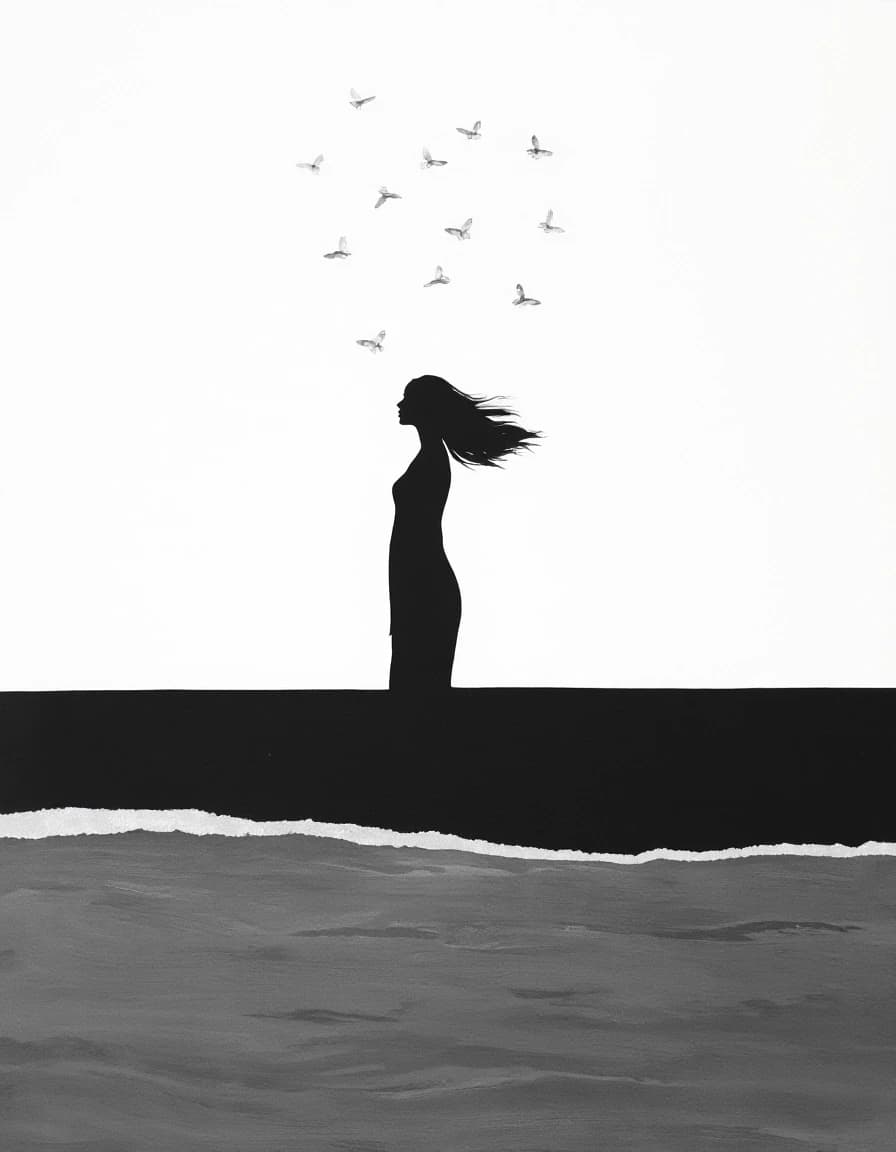 Black and white minimalism, conceptualism, flat painting, horizontal edge of shore and sea, thin, graceful white butterflies above, Silhouette of a slender young woman, hair flying, Silhouette reflected in mirrors, reflections in mirrors, alternative colors, aesthetic primitivism, visual expression, dreams, atmospheric