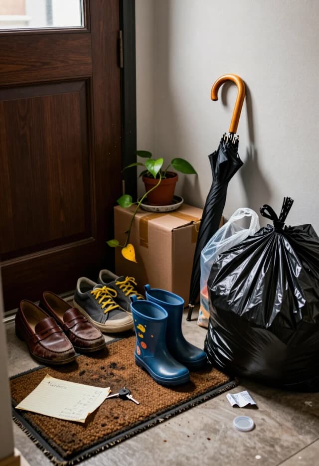 Photorealistic still life, 8K resolution, cinematic lighting, ultra-detailed textures—captures the quiet realism of everyday life at a residential entryway.
Composition: close-up, slightly low-angle shot of a typical apartment doorway from the inside looking out toward the threshold. In the foreground, a small floor mat with frayed edges and subtle dust accumulation. To the left of the door: a mismatched cluster of footwear—a worn pair of brown leather loafers with scuffed toes, a pair of gray sneakers with yellow laces, and a child’s small blue rain boot with a faded cartoon print.
To the right: a slim black umbrella with a wooden handle, slightly askew in a metal stand; next to it, a crumpled translucent plastic bag and a tied black garbage bag with visible bulges. Near the wall, two cardboard delivery boxes—one taped shut, the other partially opened with packing tape hanging loose. A small potted plant (a trailing pothos with a few yellowed leaves) sits on a chipped ceramic saucer, its vines spilling over the edge.
On the floor, a torn piece of lined notebook paper with handwritten text in pencil, half-tucked under the mat. A few scattered items add to the lived-in feel: a single key, a crumpled receipt, and a small plastic lid.
Lighting: soft natural light from a nearby window, creating gentle shadows and highlighting textures—the grain of the wood door, the weave of the mat, the matte finish of the boxes, the sheen on the plastic bags. A subtle dust motes effect in the air.
Atmosphere: quiet, ordinary, and authentic—a snapshot of unposed domestic life.
Focus: sharp on the footwear, umbrella, and handwritten note; slight depth-of-field blur on the background wall and door frame.
Camera settings: 35mm equivalent lens, f/2.8, ISO 1600, minimal motion blur, high micro-contrast to emphasize wear and texture.
Style: hyper-realistic, documentary-style photography—no stylization, no filters, just the unembellished truth of a moment in a home’s daily rhythm.