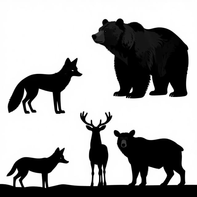 black and white silhouette, animals, fox, wolf, bear, deer, high contrast, sharp edges