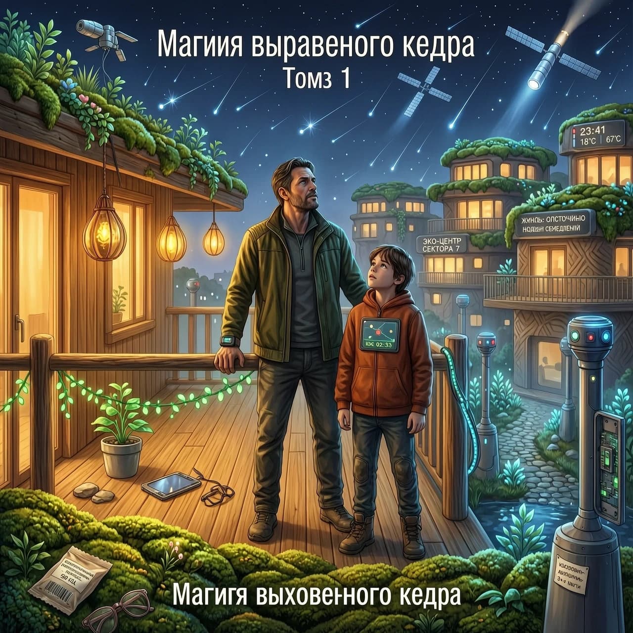 Поздний вечер, футуристический эко-поселок будущего. Дома со мхом на крышах подсвечены мягким янтарным светом. На веранде из кедра стоят отец и 12-летний сын, глядя на темное ночное небо с огоньками спутников. Атмосфера тревоги, концепт-арт фантастики.
это картинка для книги• Рабочее название: «Магия выращенного кедра» (Том 1)
• Жанр: Технологический триллер / Эко-фантастика / Настоящая антиутопия (YA — Young Adult)
• Целевая аудитория: Поколение Альфа (10–16 лет), любители научной фантастики и приключений.