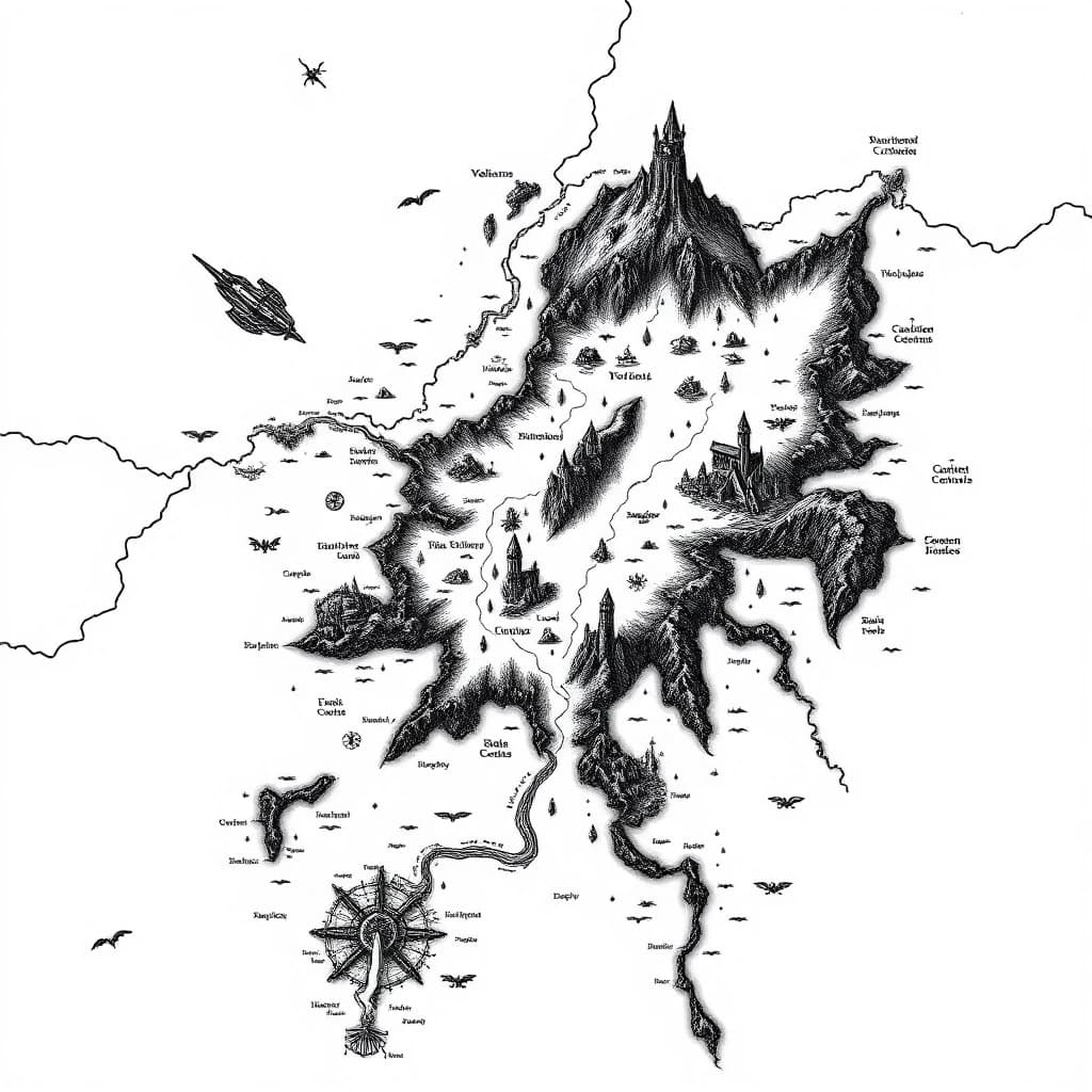 2D top-down authentic gritty dark fantasy large-scale strategic nautical map, high-detail medieval woodcut style, inspired by Tainted Grail: Fall of Avalon. Pure white background with sharp, ultra-thin black outlines, strictly no frame, no borders, no fills, no gradients, clean line art. The sea area is rendered with realism, using fine vintage wave etching:1, strictly no shipping lanes, strictly no sea routes, strictly no surrounding islands, strictly no sea creatures. Sharp, realistic coastlines feature minimal, clean traditional dark fantasy cartography outline hatching to ensure clarity. The map depicts one single massive continent island, rendered as a detailed hand-drawn topography layout where numerous tiny points of interest are randomly scattered across its diverse territories, leaving plenty of empty space between them. The island features multiple randomly scattered landmarks divided by distinct biomes including Volcanoes:2, Ruined Castles:3, Ancient Altars:4, Caves:5, Rivers:6, Burnt Forests:4, Swamps:3, Wooden Bridges:4, Worn Huts:5, Sunken Ruins:2, Glacial Rivers:2, Ice Caves:3, Stone Obelisks:4, Frozen Fortresses:1, Dense Forests:8, Overgrown Temples:3, Rope Bridges:4, Ritual Altars:4, Hidden Caverns:6, Megalithic Castle Ruins:2, Abandoned Cathedrals:2, Broken Stone Bridges:5, Crypts:6, Lone Watchtowers:4. Every object, terrain line, and topographic feature is rendered exclusively as a hollow, high-contrast gritty medieval engraving line. Strictly zero solid black blocks, strictly zero text words, highly detailed masterwork.