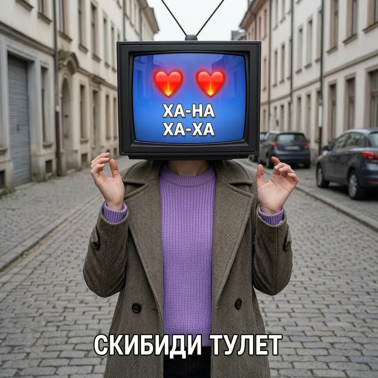 создай видео про скибиди тулет .серия начинается на улице как тв вумен у её вместо головы телевизор она в пальто в фиолетовой кофте против скибиди туалета пилы .итог битвы тв вумен победила скибиди вместо глаз красные огоньки а на унитазе пила туалета потому что она подожгла экраном его голову .и она сделала эмоджи на экране 💜и она говорит ха-ха