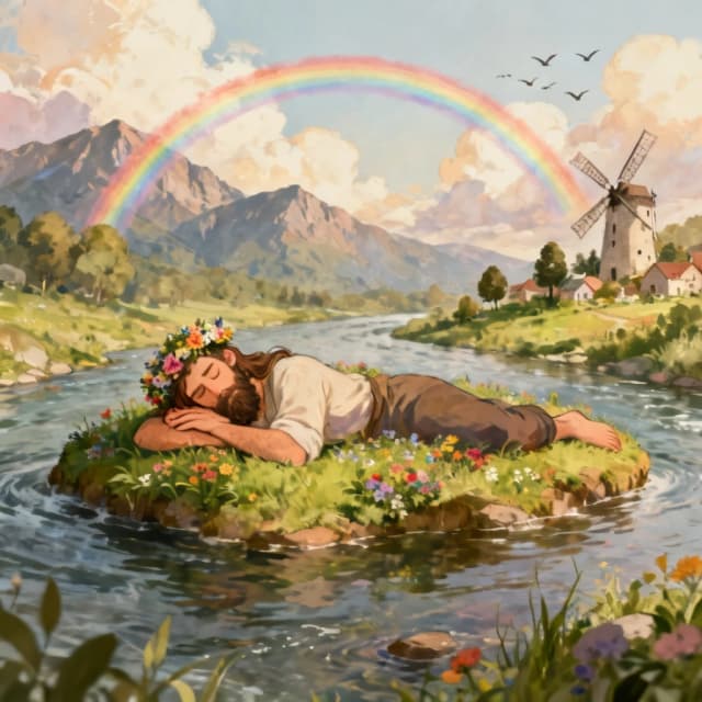 The image is a digital illustration of a beautiful landscape with a man lying on his back on a small island in the middle of a river. The man has long hair and a beard and is wearing a crown of flowers on his head. He is sleeping with his eyes closed and his head resting on his hands. The island is surrounded by lush greenery and colorful flowers. In the background, there are mountains and a rainbow arching over the scene. On the right side of the image, there is a windmill and a small village with houses and trees. The sky is filled with clouds and there are birds flying in the distance. The overall mood of the illustration is peaceful and serene.