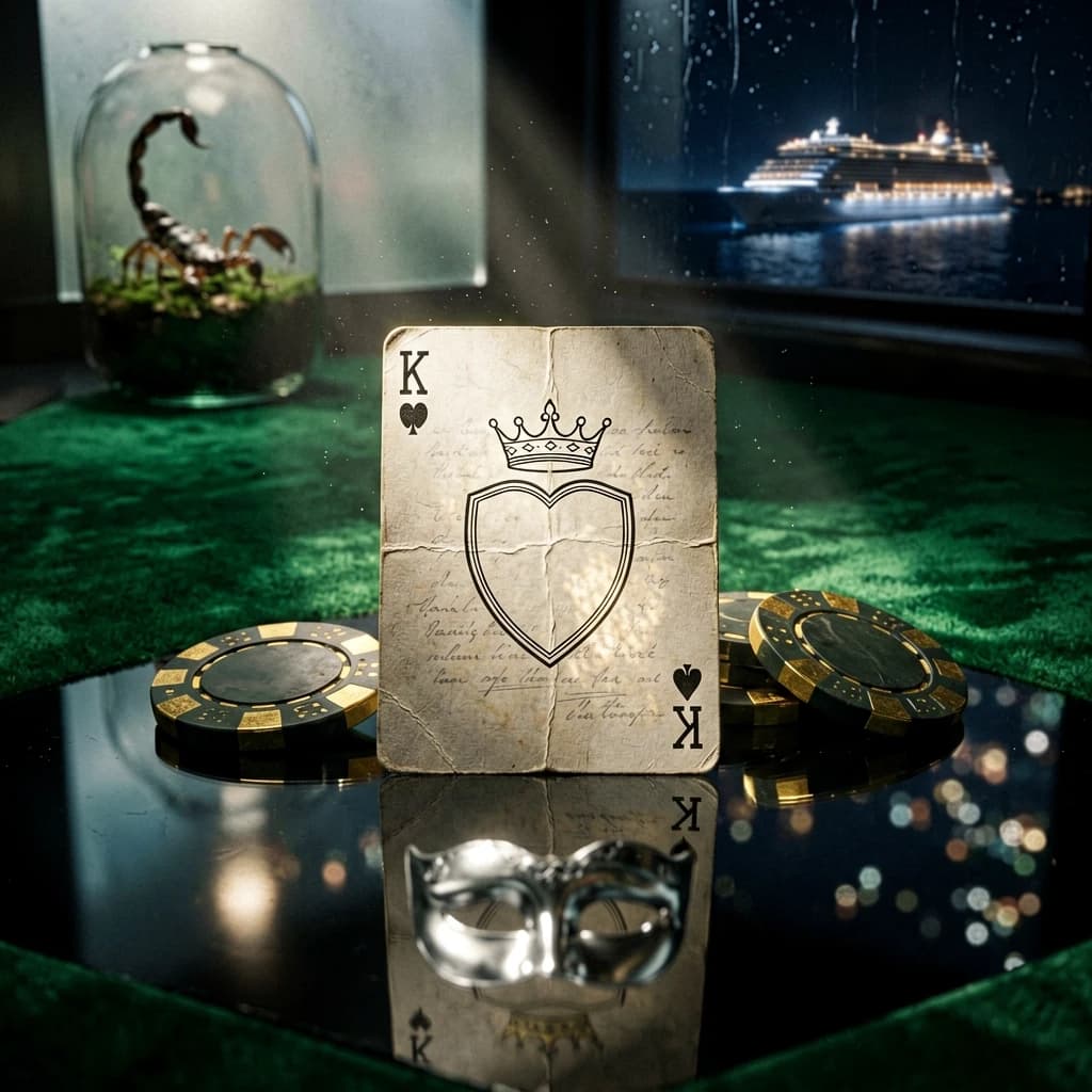 Premium A5 book cover for a detective thriller, vertical orientation. Cinematic hyper-realism, shot on 35mm lens, f/1.8, macro photography style.
Composition: An extreme macro close-up of a professional poker table upholstered in heavy, deep emerald-green velvet felt. In the center focus, a single, weathered playing card—a "White King" devoid of a suit, featuring a minimalist, fine-line crown contour and an empty, hollow shield. The card exhibits tactile texture: micro-creases, subtle paper grain, and faint, illegible handwritten script visible through the card's translucency as light bleeds through the fibers. Beside the card lie three high-end, heavy ceramic casino chips with gold-leaf edges. A sharp, dramatic chiaroscuro light beam cuts through the darkness, acting as a focused spotlight that illuminates the dust motes dancing in the air.
Reflections and Depth: The table surface is a polished, dark obsidian mirror, reflecting a ghostly, sophisticated silver male masquerade mask and the soft, shimmering bokeh of Monte Carlo’s distant city lights. In the shallow depth of field, behind a pane of frosted glass in the upper corner, a small, elegant glass terrarium reveals the subtle, non-grotesque silhouette of a scorpion. In the far background, visible through a rain-streaked window, a magnificent, glowing modern cruise liner glides silently across a dark, midnight sea.