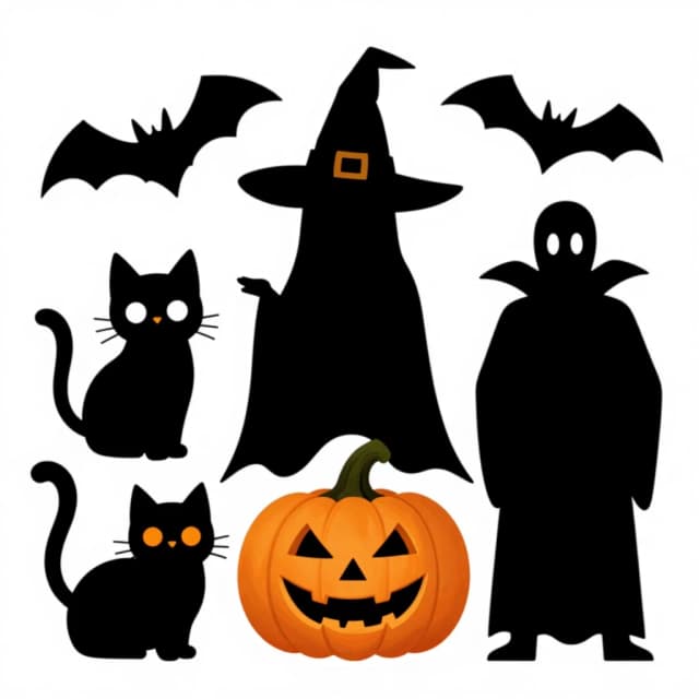 black silhouettes, Halloween characters, pumpkin, cat, witch, vampire, ghost, cartoon