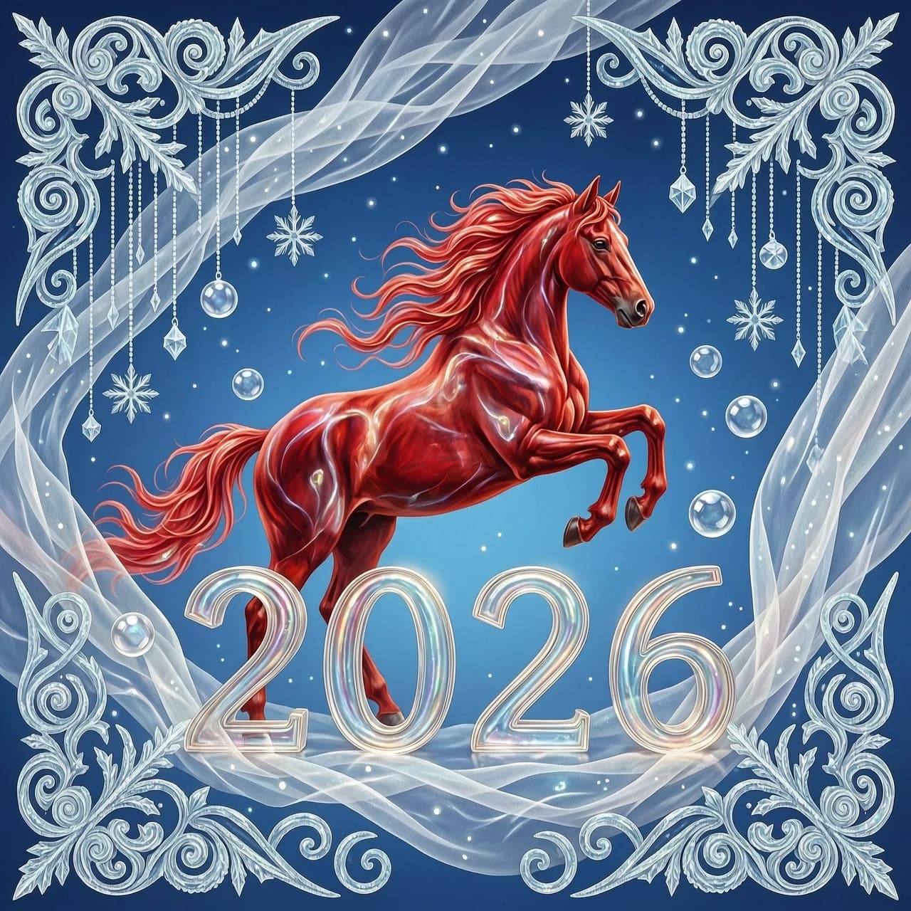 In the double exposure style. An ephemeral mythical creature in the form of a beautiful scarlet fiery horse with a long wavy mane collects the word "2026" from glass letters. In a jump. Background: bright blue night sky with grandiose continuous ornamental frosty patterns, zigzags, spirals of frost. Needles, transparent glass balls, silk, tulle.
In the "Glitter" style: magical realism, natural symphony, shapes dissolve into color, lines flow like water, translucent layers with a watercolor texture, intricate ornaments at the corners of the composition.
Iridescence, lace, entourage, fantastic plot, New Year's tale, magic, whimsicality, originality. High detail, cinematic lighting, solemn festive atmosphere, realistic.