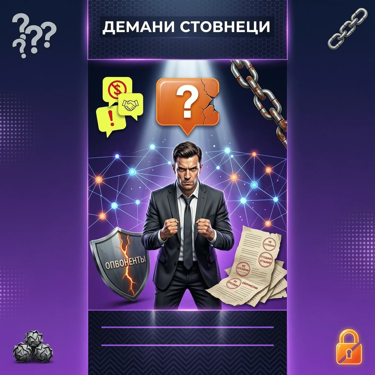 Create an impressive banner (1536 x 1920 px) on the theme "Objections in Network Marketing". Leave space for a title, but place the title text on the banner yourself. There should be no other text, only meaningful images that accurately convey the concept of the title.