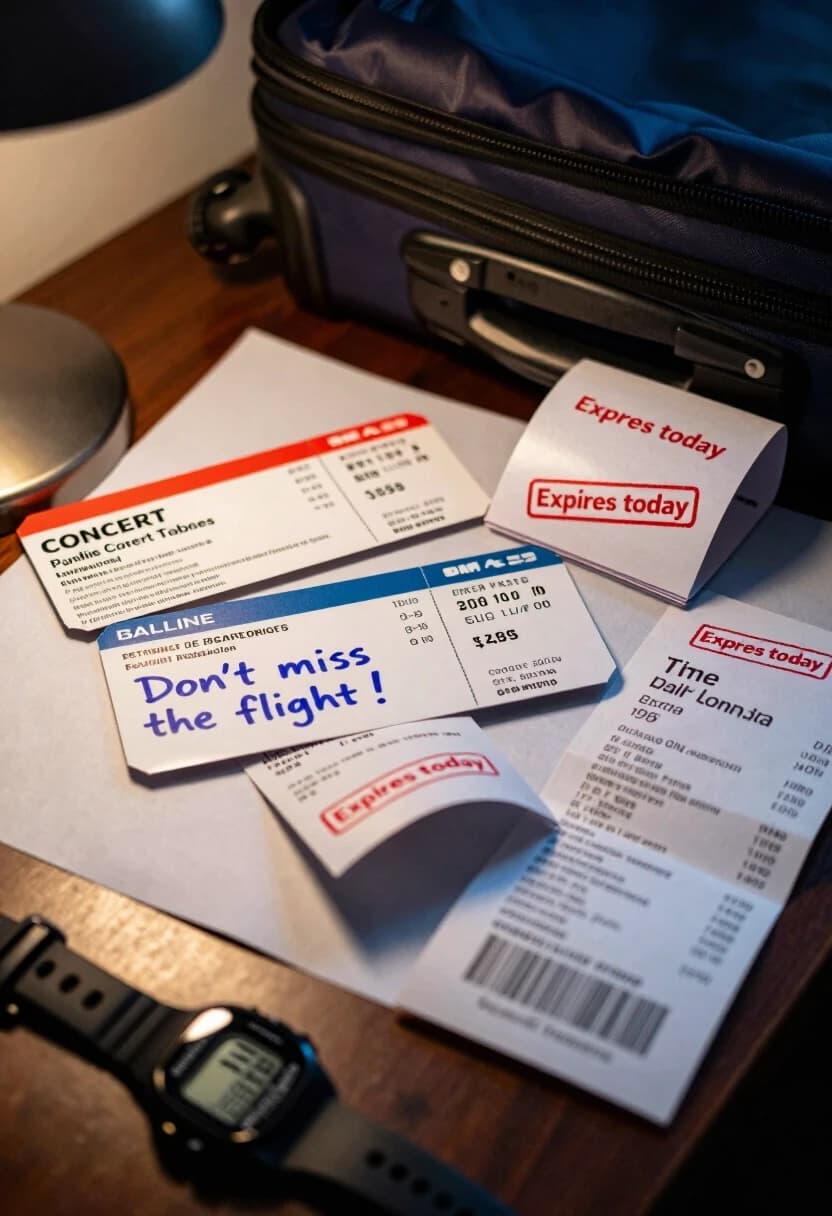 Photorealistic, 8K, documentary-style lighting. A cluttered desk surface with a sense of hurried preparation. Spread across the frame are several time-sensitive items: a pair of concert tickets with the event date printed in bold, a paper airline boarding pass with a handwritten reminder “Don’t miss the flight!” in blue ink, a stack of printed discount coupons with “Expires today” stamps in red, and a crumpled receipt with a partially torn-off section showing a time-limited offer. The tickets and coupons are slightly overlapping, some edges curled. A digital wristwatch in the foreground shows the time just before midnight. The lighting is a mix of warm desk lamp glow and cooler ambient light, creating subtle reflections on the glossy paper. Background is softly out of focus, hinting at a packed suitcase and travel bag. Mood: last-minute rush, realistic tension. No text overlays, no logos.