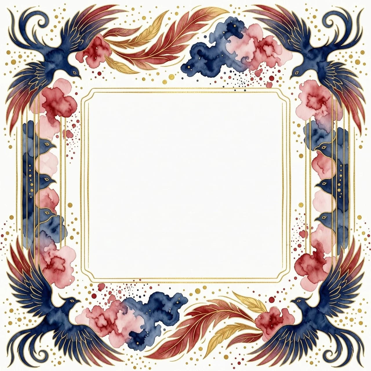 A beautiful watercolor border for a postcard, abstract firebird shape, soft red, gold and deep blue colors, artistic paint splashes, delicate gold lines, empty center for text, white background, professional illustration, elegant --ar 3:4