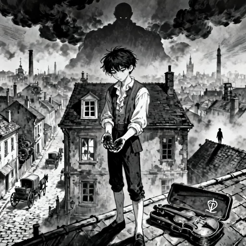 Black and white Japanese manga novel cover, dark supernatural mystery, psychological mystery, seinen manga aesthetic.
A young male protagonist standing alone on the rooftop of an old two-story European-inspired building. Messy dark hair, pale face, tired and confused expression, simple worn clothes inspired by 18th century Europe mixed with early industrial-era fashion.
He is looking down at his own hands, which are covered with dark stains. His expression shows deep confusion, as if he has awakened inside a life that does not belong to him.
The composition is dramatic and cinematic, with the protagonist occupying the lower center of the cover.
Behind him stretches a mysterious old European city filled with narrow stone streets, old houses, horse-drawn carriages, early mechanical vehicles, chimneys and distant towers. The city is drawn with extremely detailed manga backgrounds.
Above the city, enormous dark clouds form the barely recognizable silhouette of a gigantic supernatural figure watching over the city. Its presence remains ambiguous and hidden inside the clouds.
Behind the protagonist is an old rooftop window. In its reflection, the reflection appears subtly different from the protagonist, suggesting another identity or forgotten life.
Near his feet lies an antique violin case, slightly open. Inside is a mysterious violin with an unusual symbol engraved on it.
On a distant rooftop, a tiny mysterious silhouette watches the protagonist from the shadows.
Use dramatic manga ink work, black ink, white negative space, cross-hatching, screentone shading, detailed line art, expressive eyes, cinematic perspective, atmospheric fog, deep shadows, intricate architecture, visual storytelling, psychological tension, subtle supernatural elements, hidden clues, symbolic composition, seinen manga, dark mystery manga, premium Japanese manga cover illustration.
Strong contrast between black and white, dramatic lighting represented through ink and screentone, elegant composition, mysterious atmosphere.
Pure black and white manga artwork, no color, no text, no logo, no watermark.