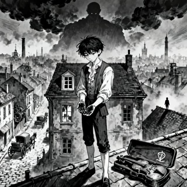 Black and white Japanese manga novel cover, dark supernatural mystery, psychological mystery, seinen manga aesthetic.
A young male protagonist standing alone on the rooftop of an old two-story European-inspired building. Messy dark hair, pale face, tired and confused expression, simple worn clothes inspired by 18th century Europe mixed with early industrial-era fashion.
He is looking down at his own hands, which are covered with dark stains. His expression shows deep confusion, as if he has awakened inside a life that does not belong to him.
The composition is dramatic and cinematic, with the protagonist occupying the lower center of the cover.
Behind him stretches a mysterious old European city filled with narrow stone streets, old houses, horse-drawn carriages, early mechanical vehicles, chimneys and distant towers. The city is drawn with extremely detailed manga backgrounds.
Above the city, enormous dark clouds form the barely recognizable silhouette of a gigantic supernatural figure watching over the city. Its presence remains ambiguous and hidden inside the clouds.
Behind the protagonist is an old rooftop window. In its reflection, the reflection appears subtly different from the protagonist, suggesting another identity or forgotten life.
Near his feet lies an antique violin case, slightly open. Inside is a mysterious violin with an unusual symbol engraved on it.
On a distant rooftop, a tiny mysterious silhouette watches the protagonist from the shadows.
Use dramatic manga ink work, black ink, white negative space, cross-hatching, screentone shading, detailed line art, expressive eyes, cinematic perspective, atmospheric fog, deep shadows, intricate architecture, visual storytelling, psychological tension, subtle supernatural elements, hidden clues, symbolic composition, seinen manga, dark mystery manga, premium Japanese manga cover illustration.
Strong contrast between black and white, dramatic lighting represented through ink and screentone, elegant composition, mysterious atmosphere.
Pure black and white manga artwork, no color, no text, no logo, no watermark.