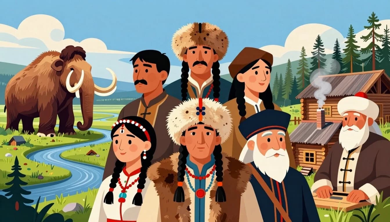 Красивый, панорамный, стилизованный цифровой арт-коллаж . Композиция сочетает в себе элементы разных эпох под бескрайним сибирским небом. С одной стороны — величественные древние мамонты на фоне Васюганских болот, извилистых таежных рек и высоких кедров. В центре — стилизованные, добрые и гордые лица людей разных культур: сибирский казак с усами, мудрый охотник-ханты в меховой одежде, молодая чувашская девушка в традиционном головном уборе с бусинами и бородатый старообрядец-кержак. С другой стороны — уютная деревянная сибирская заимка, из трубы которой идет дым. Стиль представляет собой смесь детального реализма и яркой, теплой художественной иллюстрации, похожей на обложку современной книги сказок или учебника истории. Яркие, но гармоничные цвета, детальные текстуры дерева и меха, кинематографичное мягкое освещение, формат 16:9, без текста.