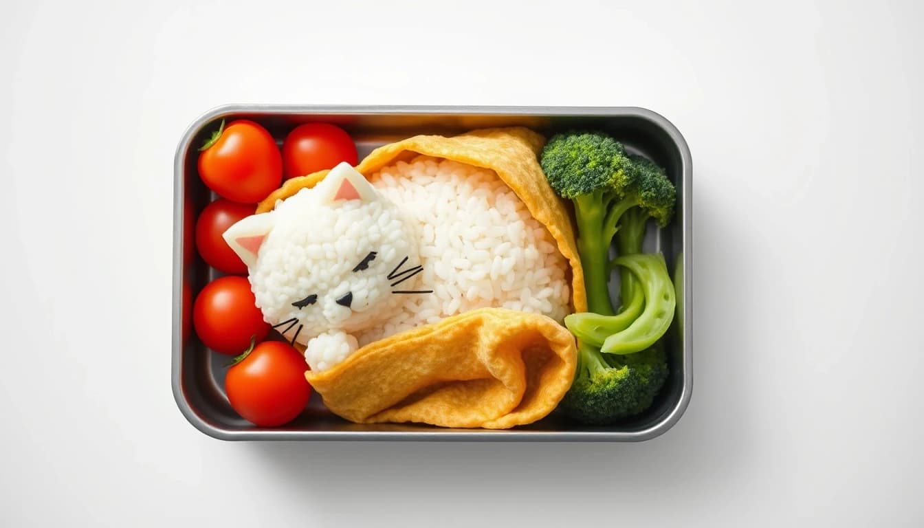 A perfectly arranged Japanese bento box featuring a sleeping cat made of fluffy white rice, with nori details for its eyes and whiskers, snuggled under a blanket made of a thin egg omelette. Surrounding the rice-cat are colorful cherry tomatoes and broccoli florets. Bright, flat-lay food photography.