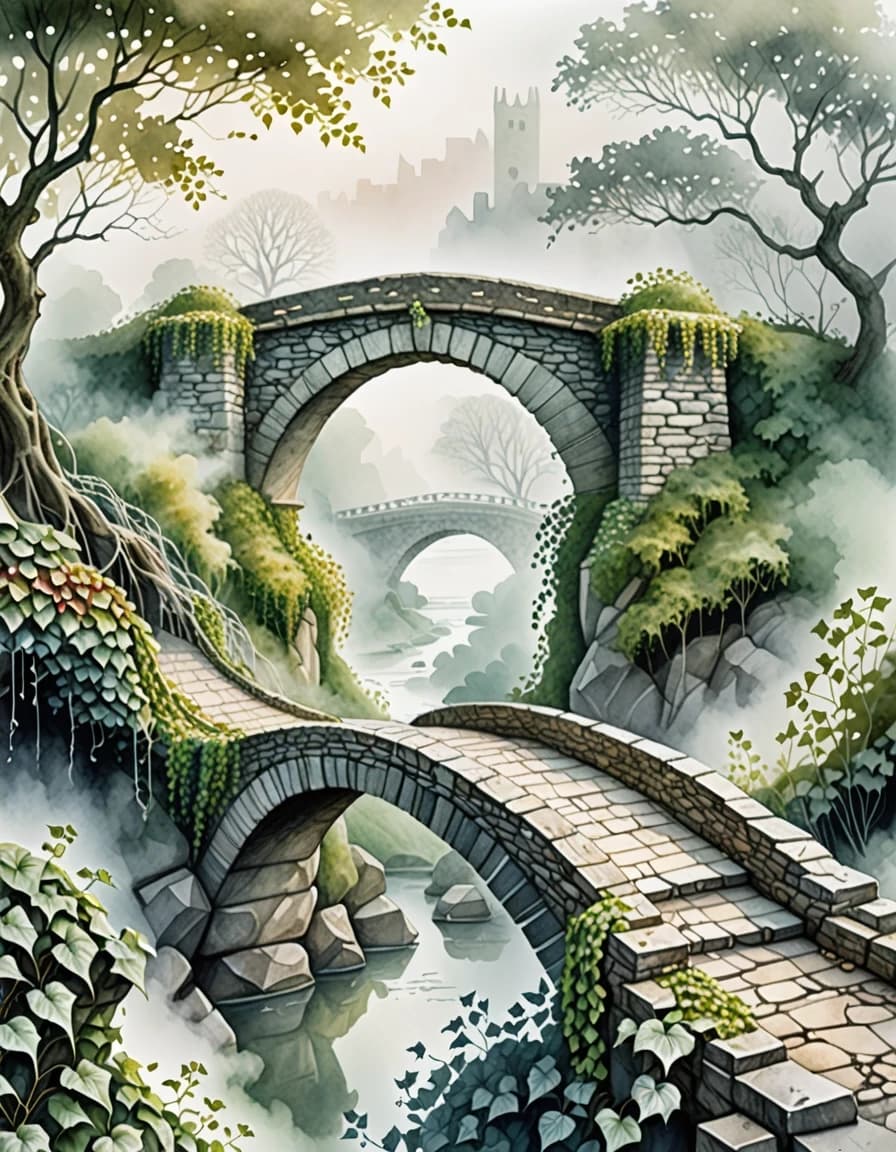 A masterpiece. Creating an image. The style is watercolor painting. Delicate watercolor on raw.((An ivy-covered stone bridge in the morning fog, there is a beautiful one on the bridge :1.6)). High resolution. High detail and clear texture. Intense close-up. High quality. Increased attention to small details. The aspect ratio is 3:4. The artists are Levitan, Shishkin.