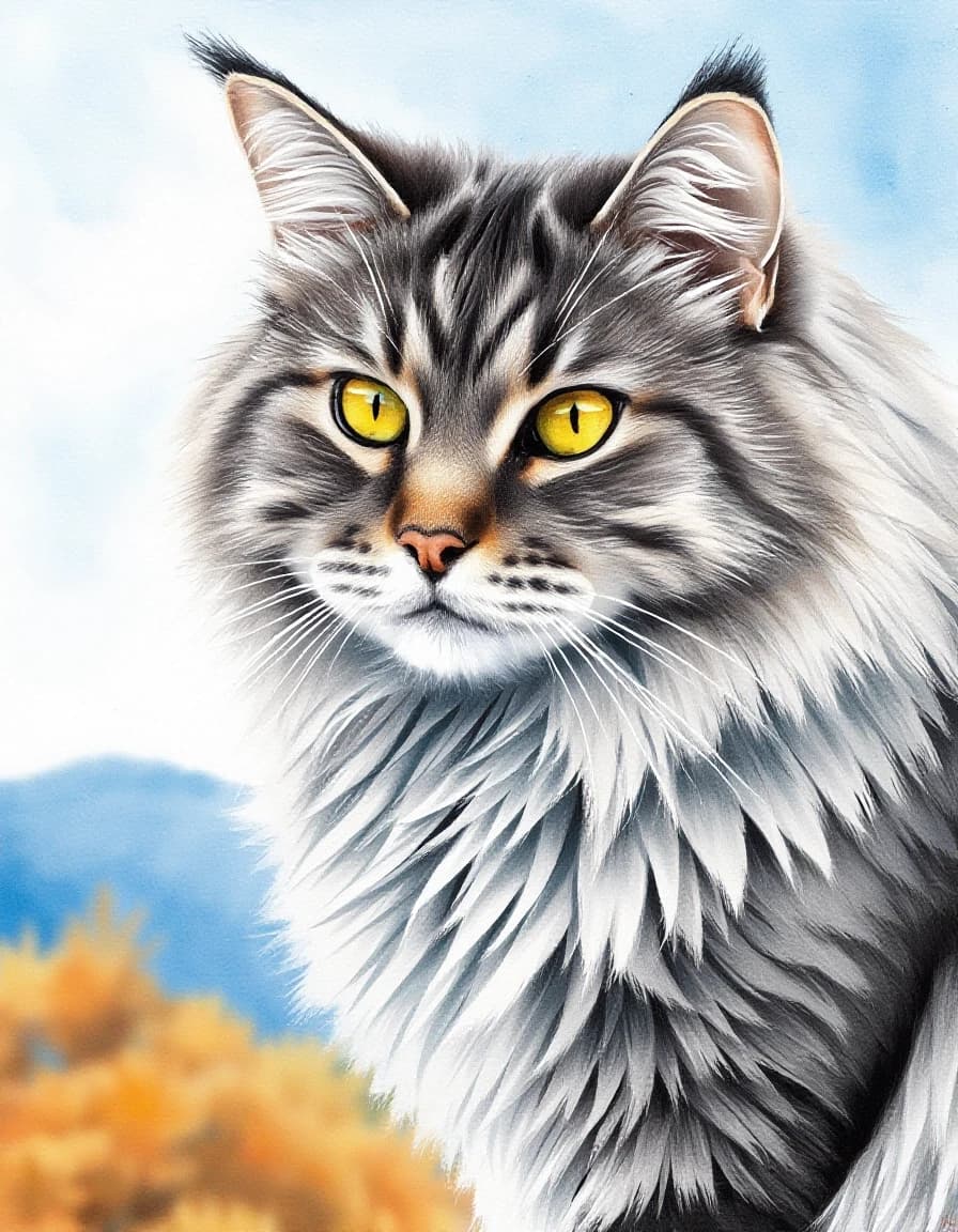A masterpiece. Creating an image. The style is watercolor painting. Delicate watercolor on raw, on paper.((Against the background of an autumn landscape and blue sky, a yellow maple leaf and a gray Siberian fluffy striped cat:1.6)). High resolution. High detail and clear texture. Intense close-up. High quality. Increased attention to small details. The aspect ratio is 3:4. The artists are Levitan, Shishkin.