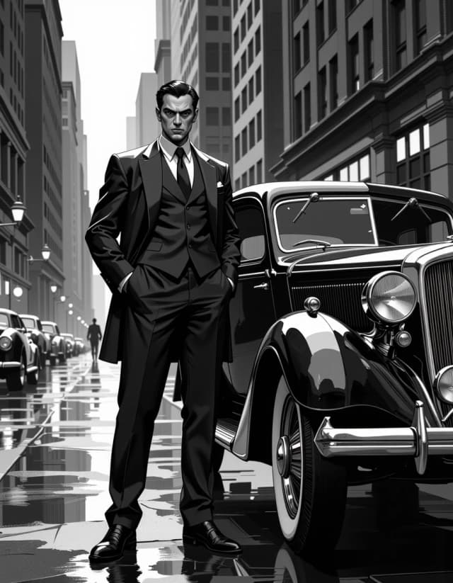 A masterpiece, in the style of the 1980s, with bold lines, dynamic strokes and rich textures, on background with a touch of nostalgia, perhaps with subtle drawings inspired by cellulose and vintage, worn textures similar to paper,oil painting, Cinematic black-and-white film-noir scene of a sharply dressed man in his 40s standing beside a polished 1930s luxury car on a rain-slick city street at night, three-piece wool suit with pocket watch chain, leather gloves, slicked-back hair, stern expression, hands in pockets, full-body three-quarter frontal pose; dramatic low-angle composition with the vintage car filling the right background and tall brick buildings receding into misty distance, wet cobblestones reflecting streetlights and blurred tail-lights, visible raindrops and droplets on car surface; high-contrast, low-key lighting with strong rim and backlighting from street lamps, deep shadows, moody volumetric rain shafts, cinematic bokeh from distant lights; rich film grain, subtle vignette, high texture clarity on fabric and metal, gentle dodge and burn to emphasize facial planes and suit folds, monochrome tonal range from inky blacks to bright highlights, moody atmosphere, 35mm cinematic framing, emphasize period authenticity and dramatic noir mood. celshading, simple background