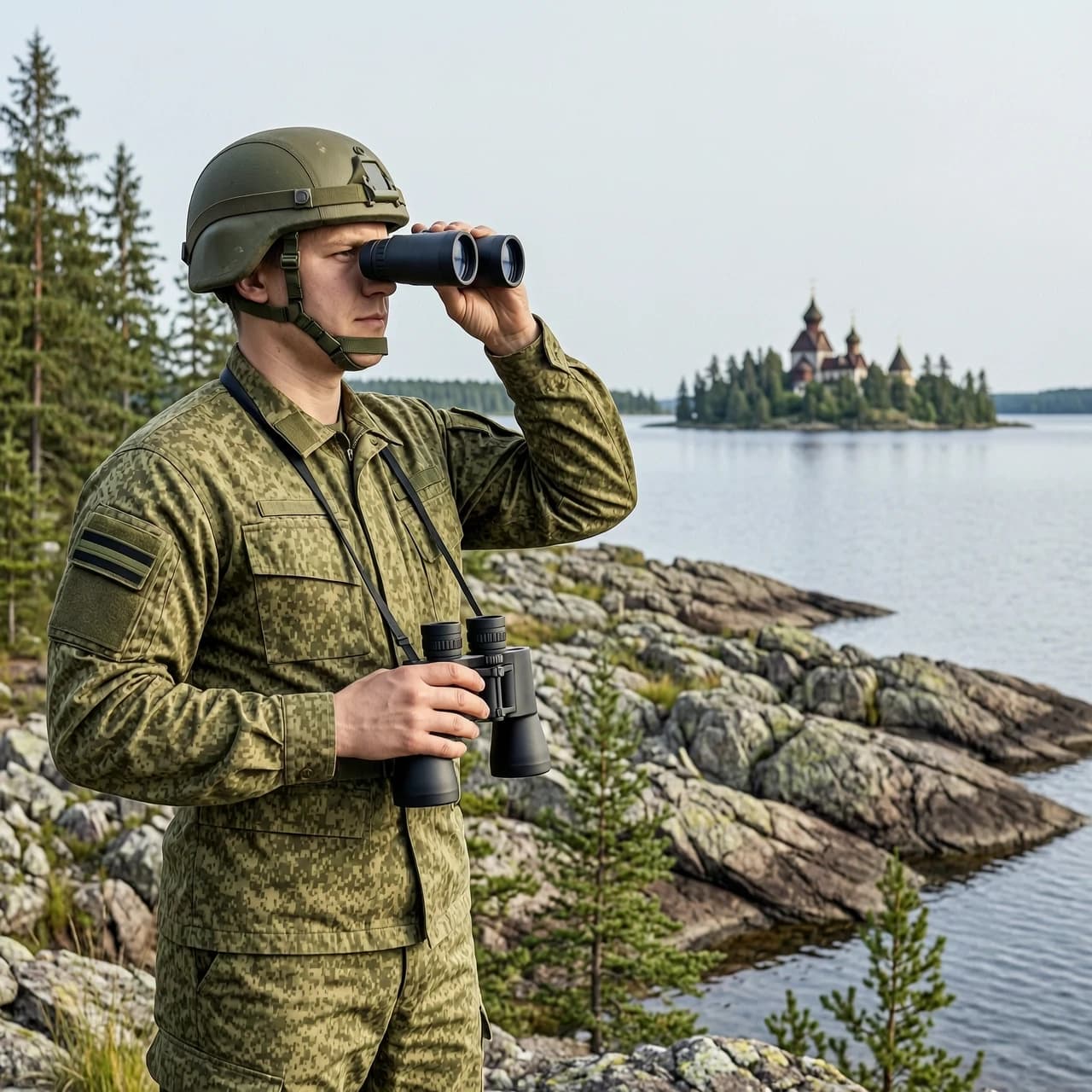Реалистичное изображение, 8k, фотореализм. С левой стороны российский военнослужащий в современной полевой форме установленного образца, разгрузке и тактическом шлеме. Он держит армейский бинокль и смотрит в него влево, выше линии горизонта.. Выражение лица собранное, спокойное. Форма без избыточных декоративных элементов; шевроны — только стандартные российские или полностью отсутствуют. Фон: карельский пейзаж — скалистый берег, хвойные деревья, озеро. Вдалеке — узнаваемый силуэт острова Кижи с куполами церквей. Освещение естественное, дневное, рассеянный свет, лёгкая атмосферная дымка. Высокая детализация: складки на ткани, текстура шлема, отражения на линзах бинокля. Никаких лишних надписей, флагов, логотипов и нероссийских символов.