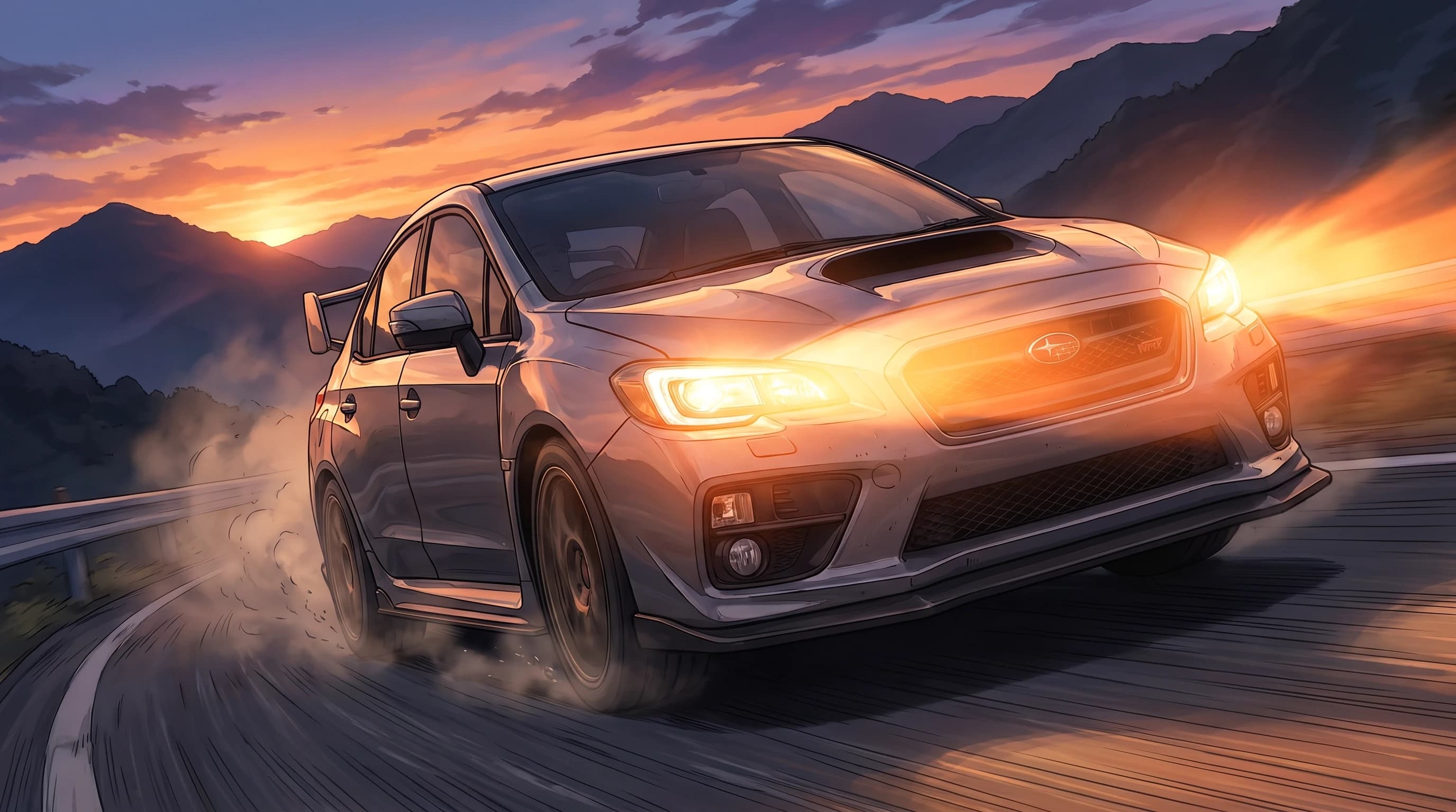 Subaru WRX, едет по дороге, эпичный ракурс, горящие фары, на фоне рассвета, шедевр, крупный план, стиль аниме с реалистичными деталями