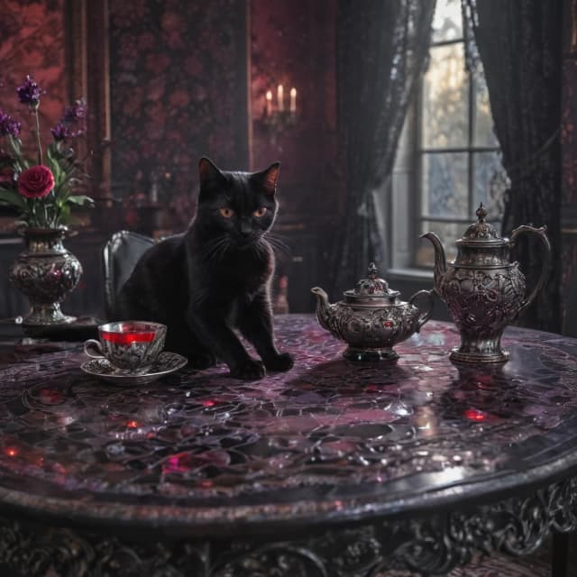 Luminous Crystal Mosaic Style. A cinematic shot of a majestic black gothic cat with glowing violet eyes, sitting gracefully on a velvet table next to a silver tea set. In the background, the blurred silhouette of a gothic woman in black lace. Blood-red tea spills slightly from a cup, creating a crystalline ruby pattern on the table. The scene is rendered in a fusion of luminous crystal mosaic and layered oil painting strokes. Deep shadows, shimmering highlights, mystical aura. Intricate detail on the cat's fur and the mosaic glass textures, dark fantasy aesthetic, ethereal lighting.