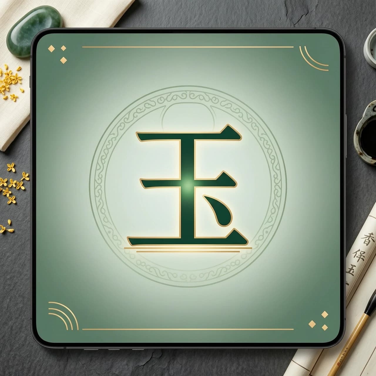 Minimalist video logo: clean and modern design with the character 玉 (yù) in dark green. The background subtly references a jade pendant — use a soft green gradient and a faint outline of a traditional Chinese pendant shape. Clean lines, flat design with a touch of depth. Colors: deep jade green, white, light gold. Resolution: 4K.