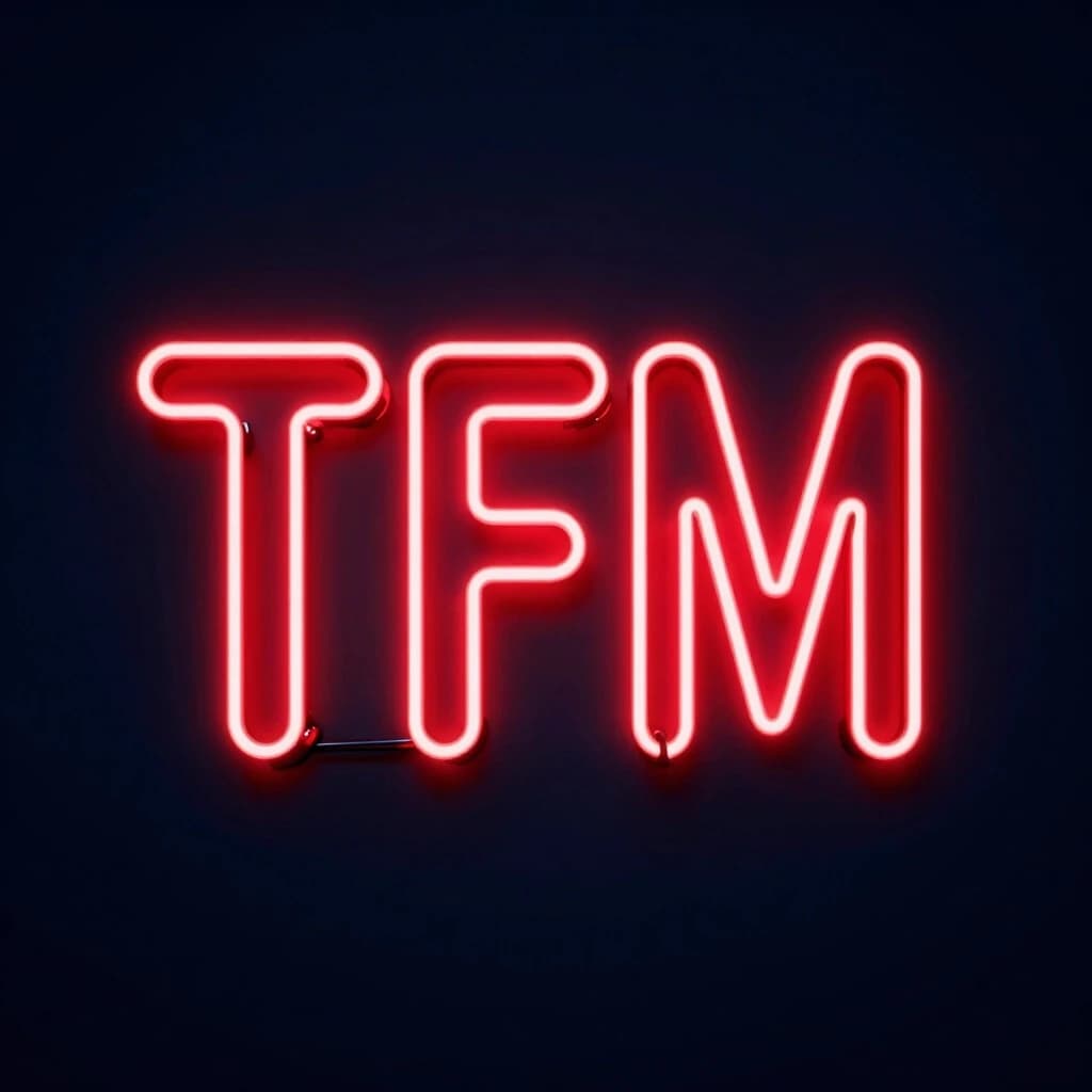 Крупные три заглавные буквы TFM, выполненные в стиле яркой красной неоновой вывески. Буквы плотно сгруппированы по центру, имеют легкое белое свечение по контуру и ярко-красную подсветку на темно-синем (почти черном) матовом фоне. Стиль — киберпанк и хай-тек, минимализм. Текстура стекла или легкий туман вокруг букв для эффекта глубины. Композиция строго по центру. Квадратный формат 1:1. Без лиц, без лишних деталей по краям, только буквы