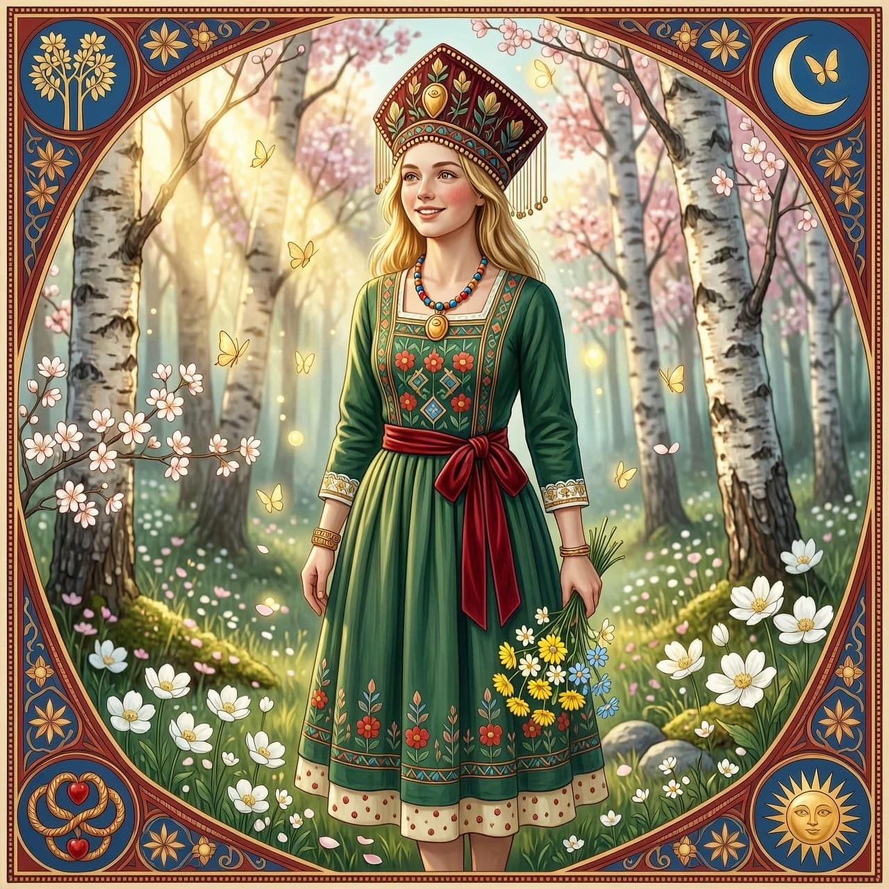 Russian Russians: A detailed portrait of a young woman of Slavic appearance from the 16th century in a traditional long Russian sundress and a traditional Russian cocoanut headdress, with blonde hair against the background of a spring blooming forest, in full growth. In the Glitter style: magical realism, natural symphony, shapes dissolve into color, lines flow like water, translucent layers with a watercolor texture, intricate ornaments at the corners of the composition.
High quality, 4k, octane, cinematic lighting, dramatic composition, eyes with increased detail, delicate skin texture, professional photography, depth of field, Leica camera, artstation trends, spectacular lighting, mystical atmosphere, detailed textures, volumetric lighting, works by Viktor Vasnetsov and Ivan Bilibin, gouache painting style, style Russian fairy tales, photorealism. An atmosphere of joy and serenity.