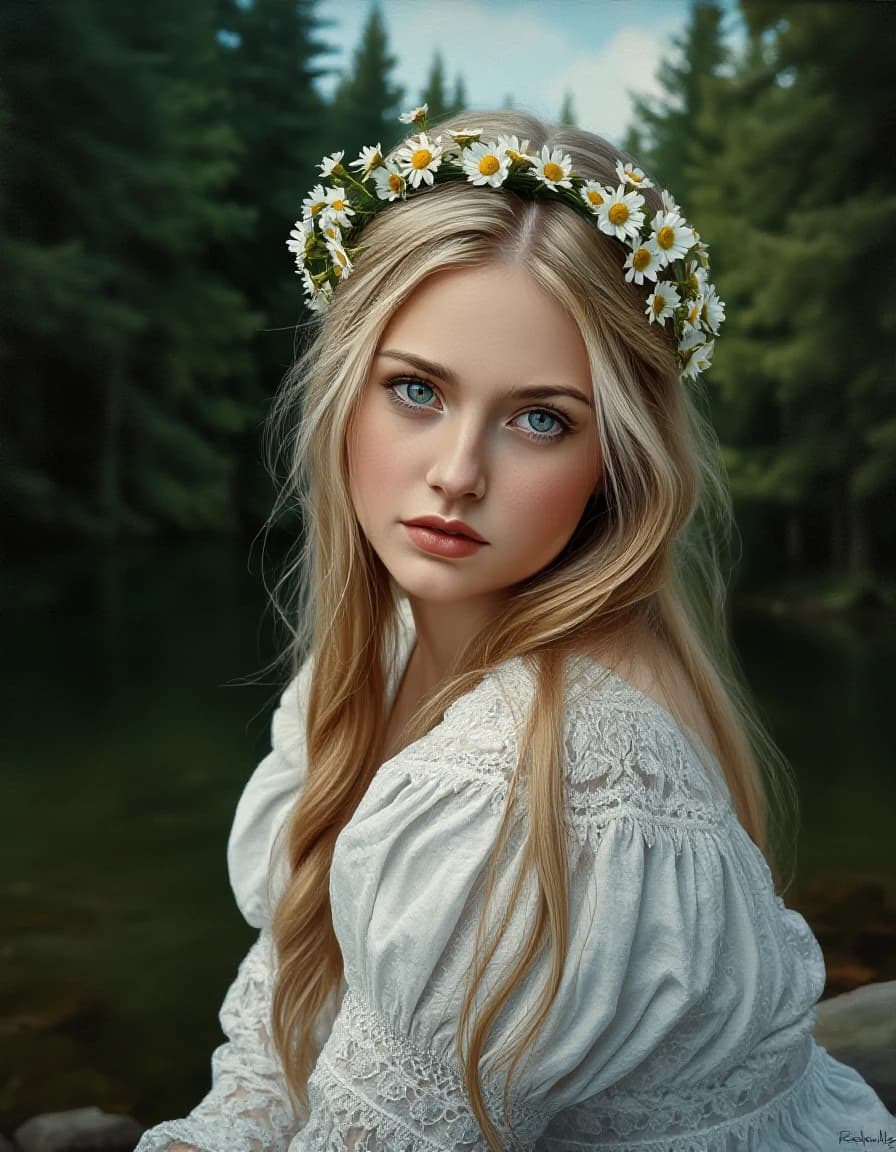 A masterpiece. Style: oil painting. (Image. How does artificial intelligence imagine: A beautiful Slavic girl, blonde with a wreath of field daisies, in a white lace dress sits on the riverbank against the background of the forest. Expressive gray-green eyes, clear facial features, head turn 3:4):1.8. Intense close-up. High quality. High resolution. Increased attention to fine details and texture. The artist is Russ Mills.