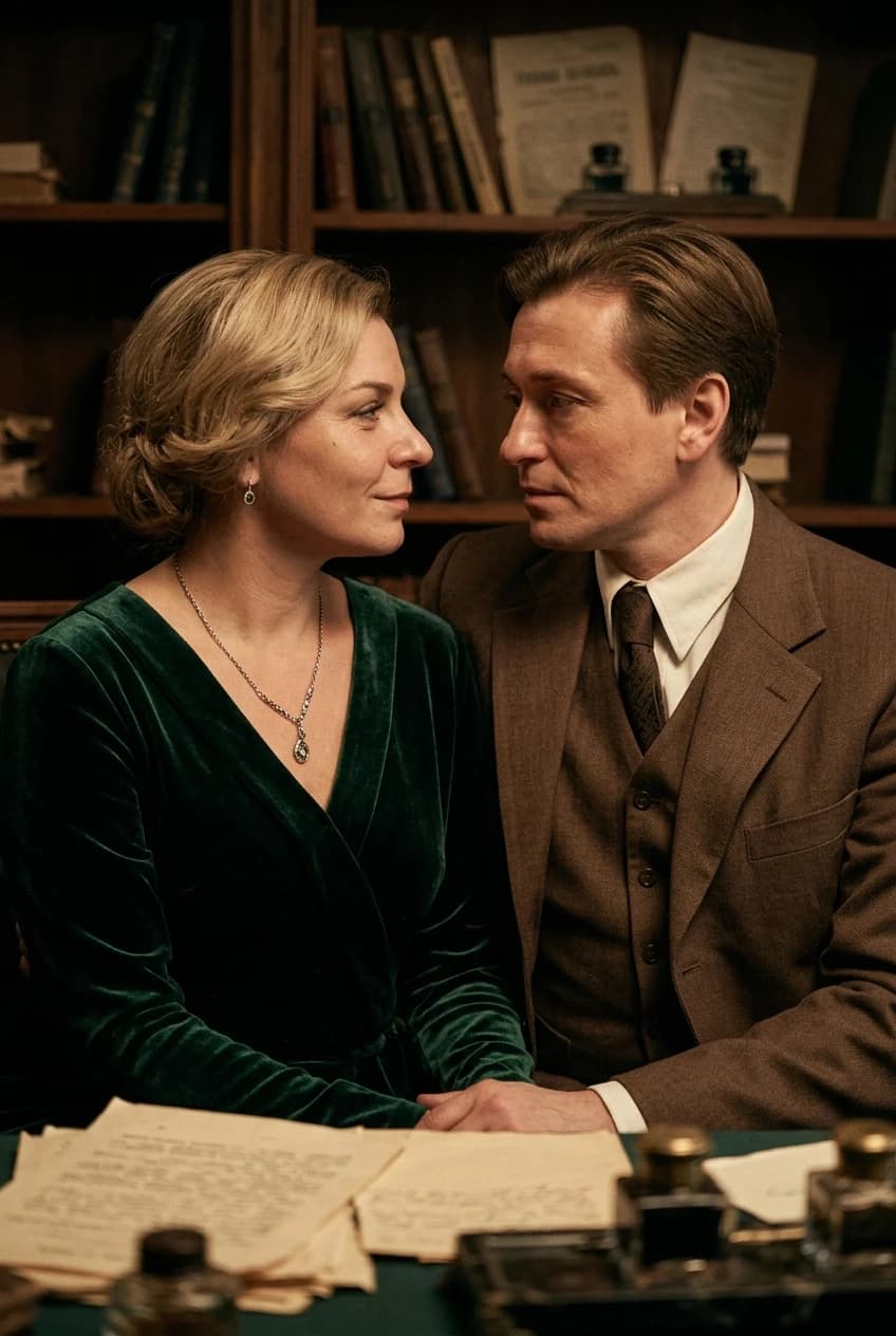 Cinematic film still, hyper-realistic photography. A romantic and melancholic scene set in a dimly lit, atmospheric 1920s Russian intelligentsia salon. A beautiful woman, portraying a soulful Poetess, is captured in a moment of deep emotional connection. She is sitting closely to Sergey Yesenin (portrayed by Sergey Bezrukov), who gazes at her with profound admiration and poetic longing. The lighting is soft, warm, and dramatic, reminiscent of Rembrandt lighting, with gentle chiaroscuro effects that emphasize the textures of their skin and clothing. The woman has natural skin texture with subtle imperfections, maintaining her exact facial features and proportions. She is dressed in elegant, period-accurate vintage attire made of silk and lace. The environment is rich with detail: heavy velvet curtains, a wooden table with an inkwell, scattered handwritten manuscripts, and a faint haze of cigarette smoke catching the light. Shallow depth of field with a soft bokeh background to focus entirely on the intimate interaction. Shot on 35mm film, high grain detail, muted vintage color palette, soulful and nostalgic mood, masterpiece quality, 8k resolution, incredibly lifelike.