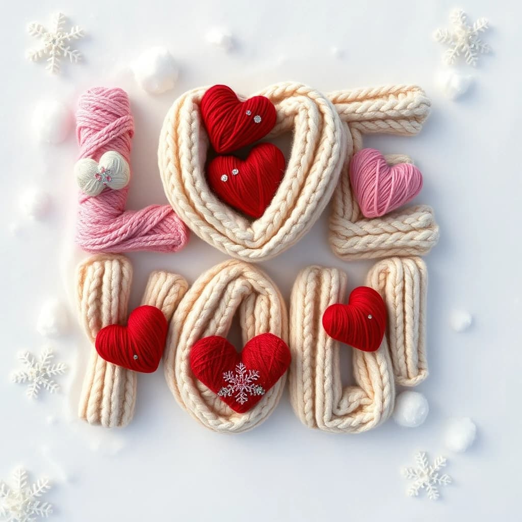 A larger version of the inscription "I LOVE YOU!", two lines of text, voluminous soft letters, like large knitted pillows, thick wool yarn in pastel shades (pink, red, beige), the letter is completely tied, the textured connections are clearly visible, voluminous hearts made of thread are embroidered on the letters, red and pink hearts, a little glitter on the threads, neat round snowflake dots, letters on pure white snow, a top view, a lot of empty snow background around, soft thoughts of daylight, a realistic photo, detailing of high threads, ligaments and snow crystals, a bright, sweet and festive winter mood