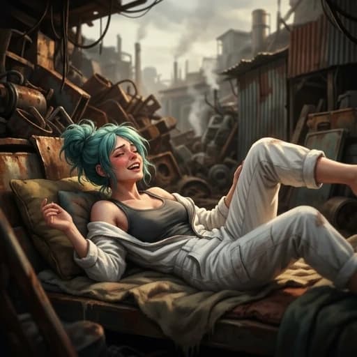 Masterpiece, best quality, Goal from Deponia, turquoise hair in a messy bun, pale skin, wearing unzipped white Elysian jumpsuit, laying on her back, dynamic pose, legs up, focus on intense emotions, anonymous partner, heavy blushing, messy hair, head tossed back, ecstatic expression, pleasure, industrial junk planet background, rusty metal, cinematic lighting, steam, depth of field.