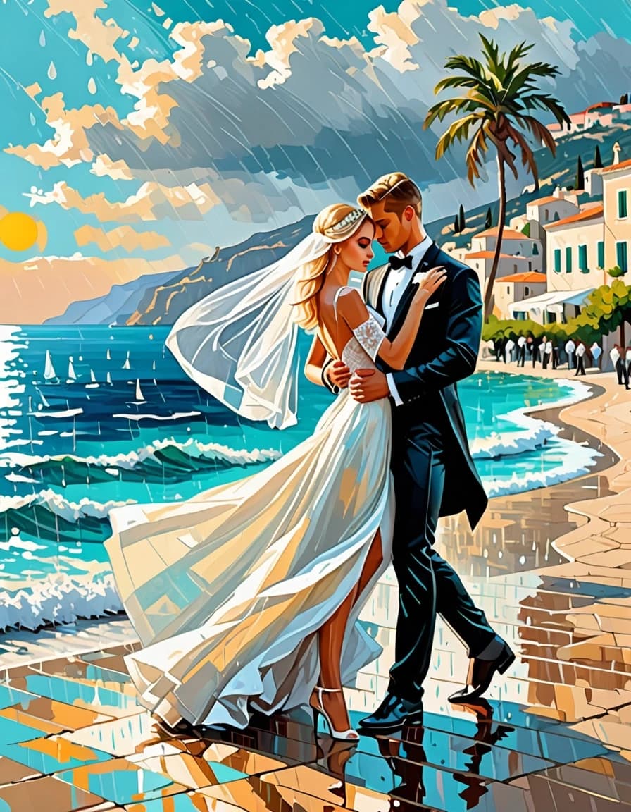 A masterpiece. Creating an image. Style - oil painting. ((On the shore of the turquoise sea, against the background of the Mediterranean landscape, a beautiful blonde girl in a wedding dress and a veil and a handsome young man in a tuxedo are dancing in the foreground, holding hands, waltzing under the warm summer rain, the sun is shining:1.6)). High resolution. High detail and clear texture. Close-up. High quality. Increased attention to small details. The aspect ratio is 3:4. The artists are Levitan, Shishkin.