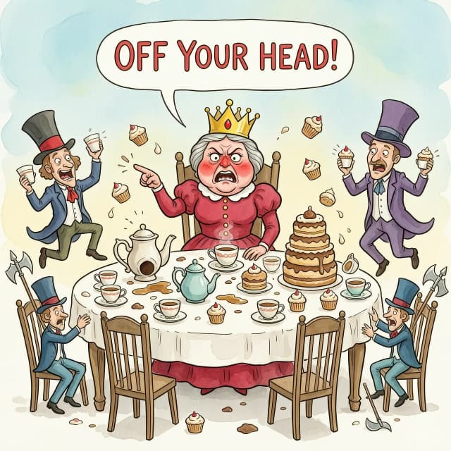 (masterpiece:1.8, acrylic painting:1.5, best quality:1.6, ultra-detailed:1.6). A bizarre and funny image (of the Queen of Hearts), who, sitting at a crazy tea table, angrily exclaims: "Off your head!' (Off with their heads!). The reason for her anger may have been a bad croquet game or too much sugar in her tea. (She's sitting at the head of a table strewn with ridiculous teapots and mountains of cakes, her crown slightly askew.) The Queen's face is red with annoyance, with puffed cheeks and wide-open eyes that look more offended than truly angry. (She points her finger with such effort that she looks like she's about to knock over her tea).
(Around her are the Hatter and the March Hare, who comically jump up and down in "fright," but at the same time try to hold on to their cups and cupcakes. Sonya may have poked her head out of the kettle, clearly annoyed by the noise. The card guards nearby may be awkwardly retreating, tripping over table legs or dropping their halberds). The tea table is a mess of flying cupcakes, spilled tea, and tumbling teacups.
The lighting is light and airy, creating a light, almost pastel mood. The overall atmosphere is a light, funny mess, where the Queen's anger is more of a familiar but theatrical act. Detailed watercolor or pastel illustration, playful composition, soft but saturated colors, light strokes, digital painting. Inspired by Quentin Blake's dynamic illustrations and Mary Blair's vibrant style.