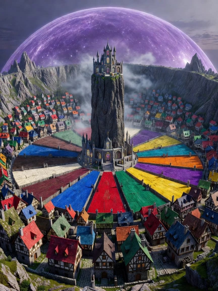 Wide angle view from the inner slope of a circular mountain ring, looking straight ahead toward the opposite mountain wall. The camera is positioned on the slope, with houses directly in front and below. The entire visible slope from foreground to center is covered with dense, chaotic medieval buildings. The city is split into 12 wedge-shaped sectors radiating from the center; each sector has roofs of a single solid color (twelve different colors: red, blue, green, yellow, orange, purple, teal, brown, slate, cream, mauve, ochre) — no mixing of colors within a sector. The city center is exactly in the middle of the frame, marked by a tall vertical rock pillar with a magical academy on top. The pillar is perfectly centered, not to the left or right. The foreground shows the nearest district with its uniform roof color. The middle ground shows the central pillar and the academy. The background shows the opposite side of the mountain ring, which is equally densely built with houses climbing up that slope — no empty ground there, just as crowded as the foreground. A translucent purple energy dome arches overhead, its base anchored to the mountain peaks on both sides of the frame — the viewer is clearly inside this dome, and the dome curves across the sky above the entire city. Photorealistic fantasy, highly detailed architecture, misty atmosphere, 8k.