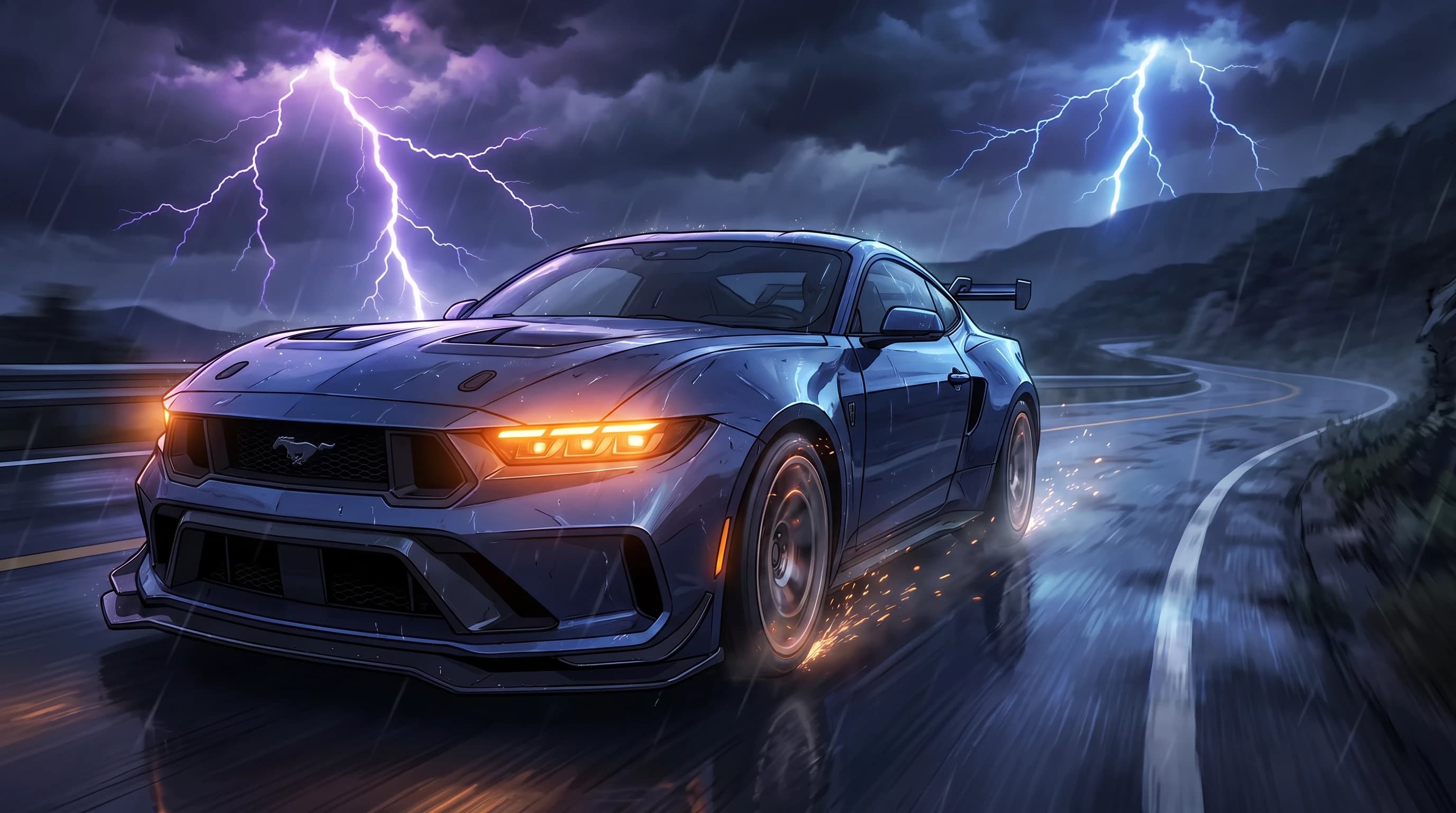 Ford Mustang GTD, едет по ночной дороге, эпичный ракурс, горящие фары, на фоне молнии, шедевр, крупный план, стиль аниме с реалистичными деталями