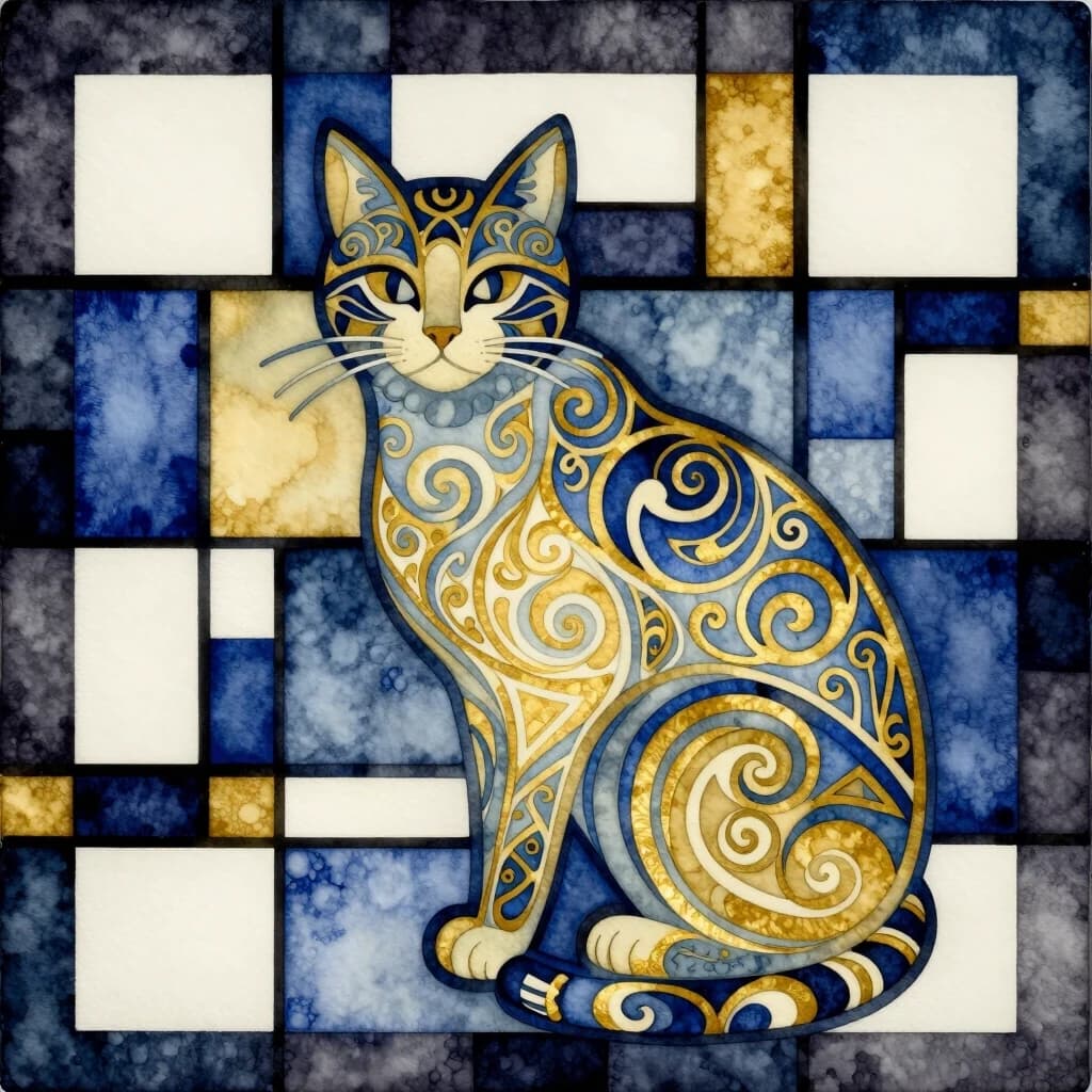 Watercolor in the Art Nouveau and Art Deco style. Vector art. ((On a dark geometric background with many squares and rectangles) (in the style of Mondrian). (Many ornaments). Elements of Palekh painting. An ornament in the shape of a surreal cat, with intricate patterns that form a light pastel figure of a sitting cat. Double exposure with blue and gold patterns. Close-up. Intricate patterns in the Gzhel style. Fractal curls. Shades of blue and gold. Style: Art Deco, Art Nouveau, Renaissance. Detailed composition on an abstract, suprematist background. A mesmerizing visual spectacle. In the style of Aivazovsky and Katsushiki Hokusai, and Piet Mondrian. High quality and detail.