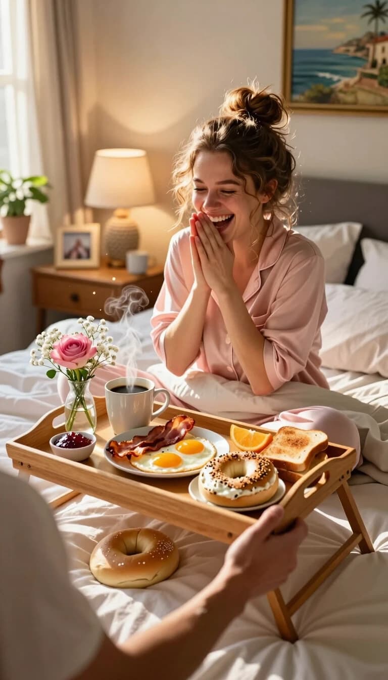 Cinematic photorealistic shot, 8K, ultra-detailed, with a warm, golden morning light that feels like a hug. The scene unfolds in a cozy, sun-drenched bedroom where the air is thick with the quiet magic of a perfect weekend morning — and a hint of playful chaos.
From the man’s perspective (we see only his back and the arm holding the wooden breakfast tray), the focus is on the woman propped up on the bed, surrounded by fluffy pillows and rumpled white sheets. She’s wearing a soft, pale pink pajama set, her hair gathered in a messy, adorably imperfect bun with a few loose curls framing her face. Her expression is pure, unfiltered joy — she’s laughing with her hands pressed together in a gesture that’s equal parts gratitude and giddy excitement, as if she can’t believe this moment is real.
The wooden tray is artfully arranged but not too perfect — it’s lived-in and real. On it: a white mug brimming with steaming black coffee, a small glass vase with a delicate bouquet (a single pink rose surrounded by baby’s breath), a plate with sunny-side-up eggs, crispy bacon, and a halved, perfectly toasted bagel slathered with cream cheese and sprinkled with everything bagel seasoning. Next to it, a tiny dish holds extra seasoning — as if she’s planning to shake it over everything, just for the fun of it. A small bowl of jam, a wedge of orange, and a couple of toasted bread slices complete the spread.
But here’s the twist that adds the playful touch: beside the tray, on the bedsheet, there’s a second, raw bagel dough — slightly misshapen, with flour dusting its surface. It’s clear she was in the middle of making it when the surprise breakfast arrived. Maybe she’d just shaped it, maybe she’d been about to sprinkle the seasoning, but the moment got swept away by the joy of the surprise. The dough looks soft and inviting, a testament to her hands-on, slightly messy approach to baking — and to life.
The background is softly blurred but rich with detail: a bedside table with a textured lamp casting a warm glow, a small framed photo, a potted green plant adding a touch of life, and a framed painting on the wall that hints at a seaside town. Large windows let in streams of sunlight, turning the floating dust motes into tiny golden sparks. The sheer curtains diffuse the light, creating a dreamy, ethereal atmosphere.
The mood is one of pure, unadulterated happiness — the kind that comes from small, thoughtful gestures and shared laughter. There’s a sense of playful anticipation in the air: maybe she’ll grab the raw dough and toss it playfully toward him (just kidding!), or maybe she’ll insist on finishing it right there on the bed, turning the cozy morning into a full-blown baking adventure. The image should feel spontaneous, as if the camera caught them in the middle of a joyful, slightly chaotic moment — a snapshot of love, comfort, and the simple pleasure of being together.
Style is photorealistic lifestyle photography with cinematic lighting, emphasizing textures (the soft fabric of the pajamas, the fluffy pillows, the crisp bacon, the glossy yolk, the matte surface of the raw dough, the grain of the wooden tray) and the genuine, unfiltered emotion between the two people.