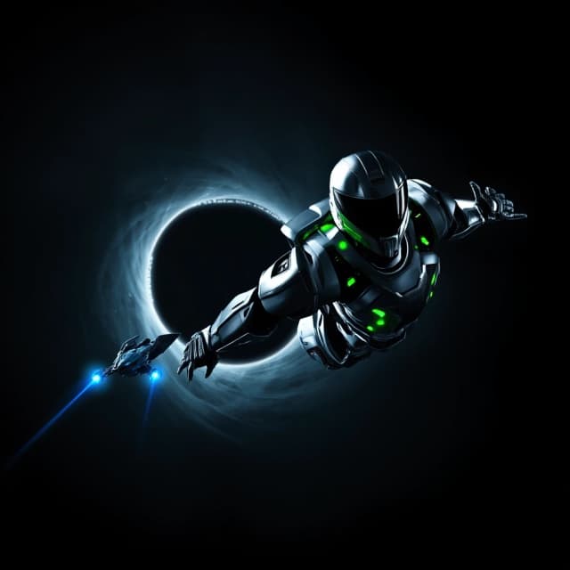 Power metal album cover. A futuristic robotic space marine, clad in sleek silver power armor with glowing green accents, flies through the cosmic void toward a massive black hole. The event horizon is surrounded by an ethereal nebula, resembling a celestial whirlpool. Behind him, a starfighter with blue ion engines streaks past, flying by a rocky moon illuminated by distant stars. The deep blackness of space. Ultra-realistic imagery, cinematic lighting, motion blur effect, 1:1 aspect ratio.
